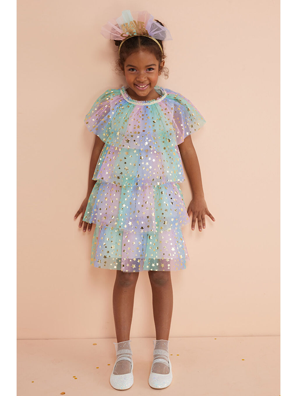 Karışık Çok Renkli Yıldız Baskılı Katlı Tül Kız Çocuk Elbise - Estela-1