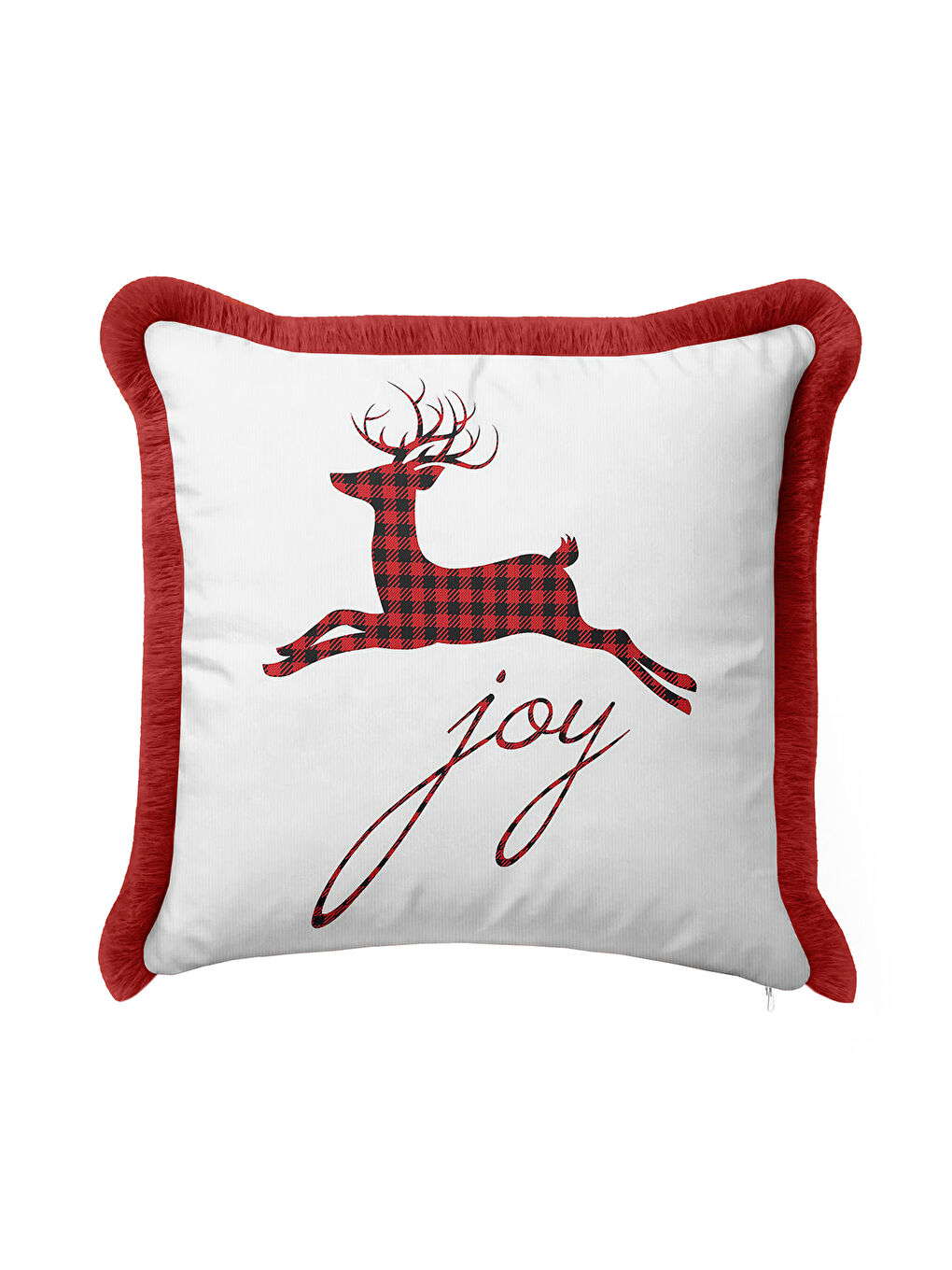 Karışık Ekose Geyikli Saçaklı Yastık Kılıfı - Kış Nostaljik Kırmızı Beyaz Püsküllü Kırlent Kılıfı-1