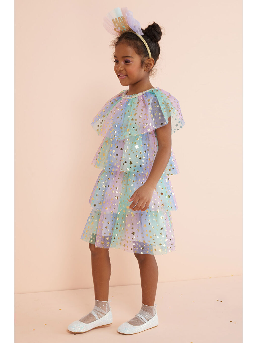 Karışık Çok Renkli Yıldız Baskılı Katlı Tül Kız Çocuk Elbise - Estela-2