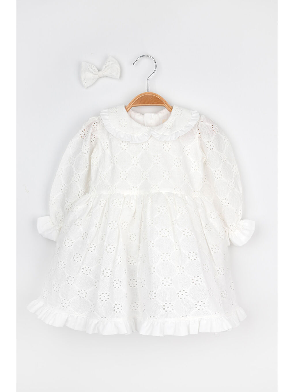 Beyaz Uzun Kollu Fisto Yaka Detaylı Kız Çocuk Elbise - Jesicca-1