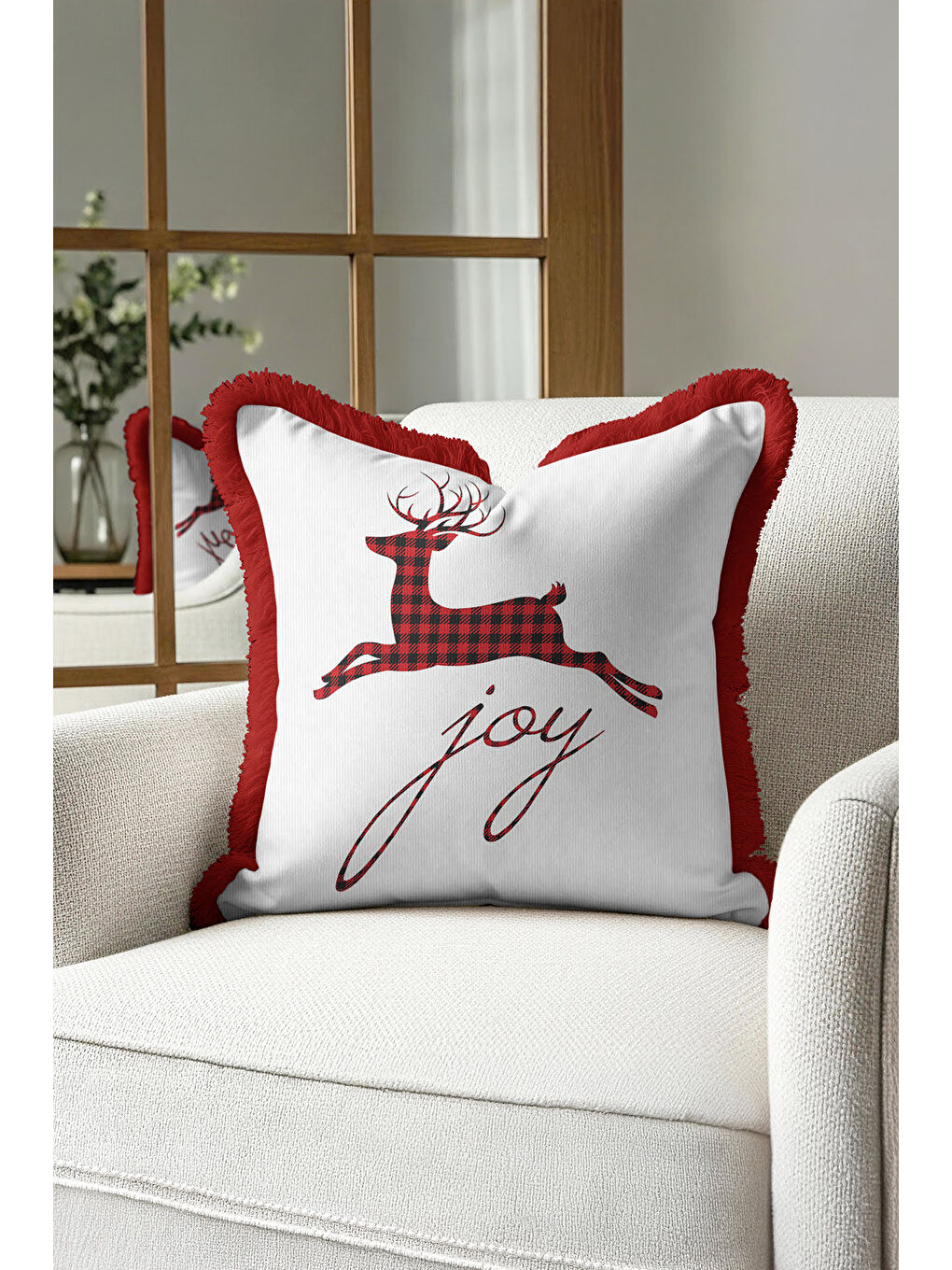 Karışık Ekose Geyikli Saçaklı Yastık Kılıfı - Kış Nostaljik Kırmızı Beyaz Püsküllü Kırlent Kılıfı-2