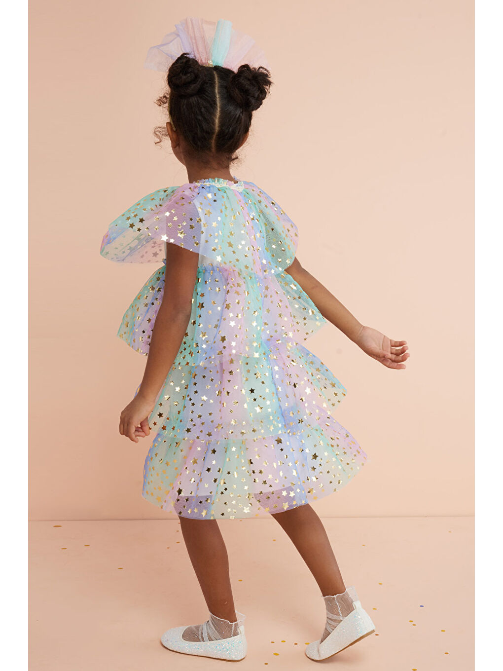 Karışık Çok Renkli Yıldız Baskılı Katlı Tül Kız Çocuk Elbise - Estela-3