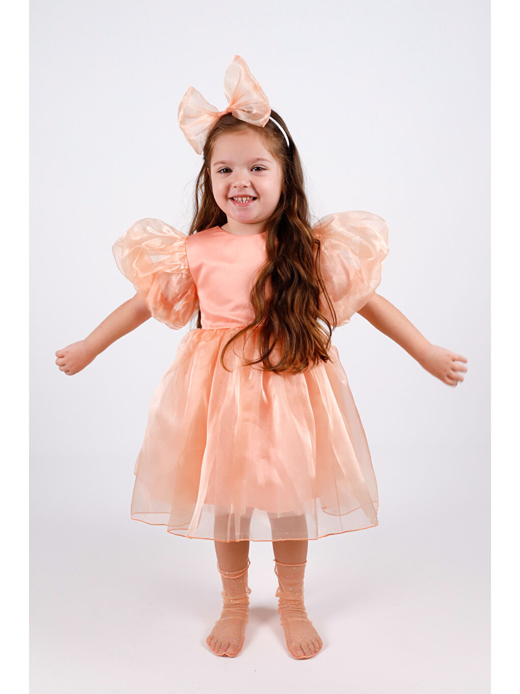 Pembe Somon Taçlı Organze Kız Çocuk Parti Elbisesi - Carlene