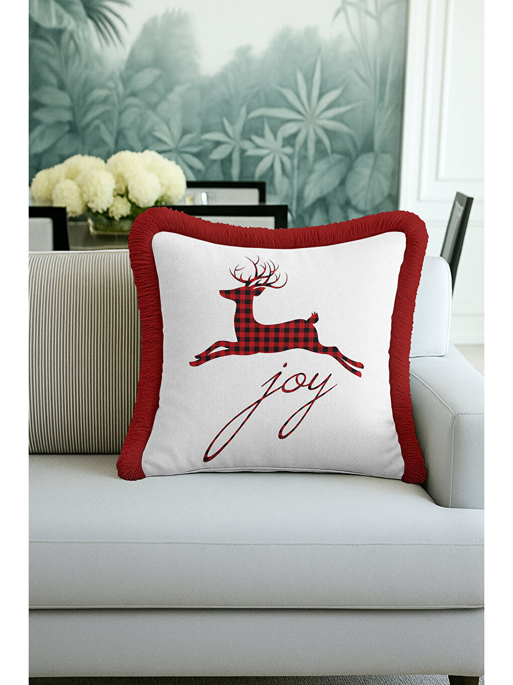 Karışık Ekose Geyikli Saçaklı Yastık Kılıfı - Kış Nostaljik Kırmızı Beyaz Püsküllü Kırlent Kılıfı-3