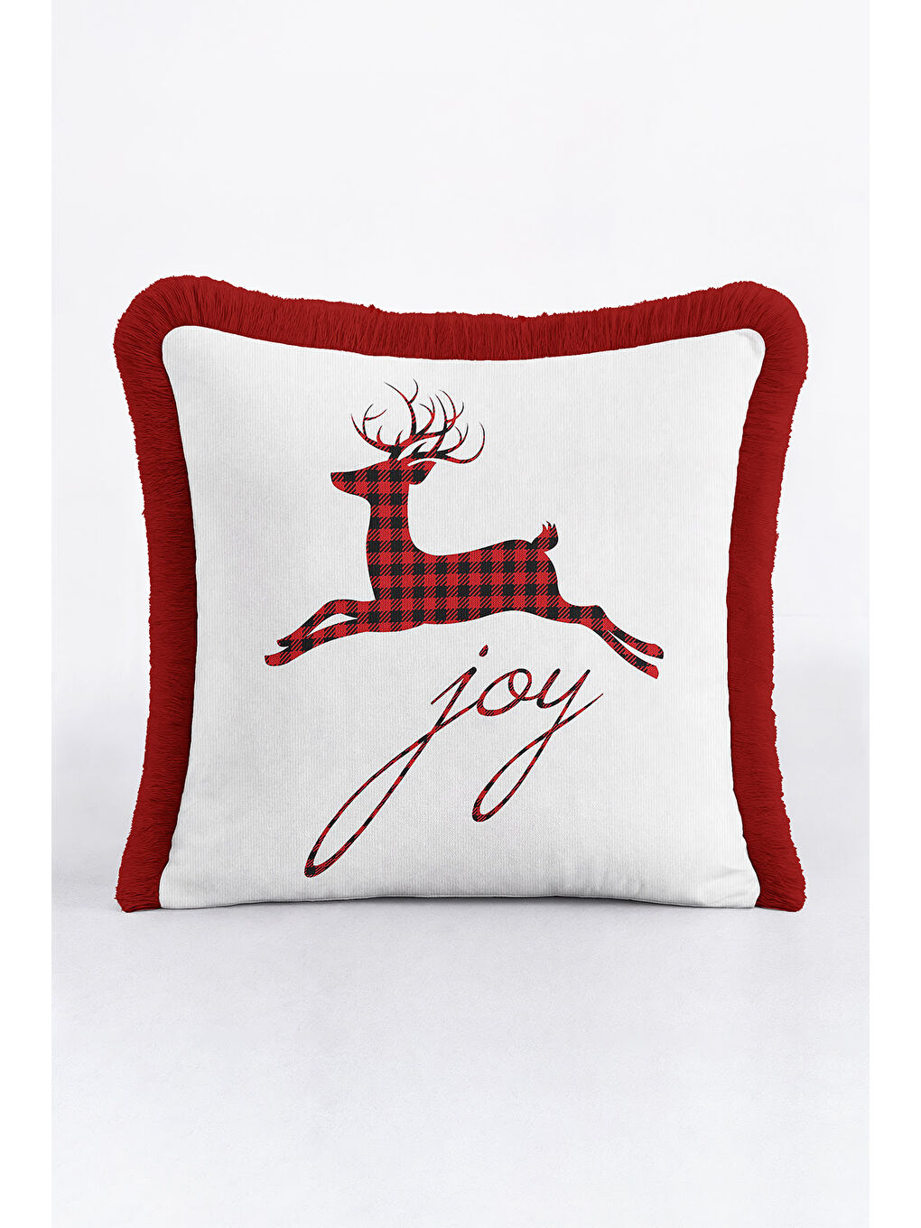Karışık Ekose Geyikli Saçaklı Yastık Kılıfı - Kış Nostaljik Kırmızı Beyaz Püsküllü Kırlent Kılıfı-4