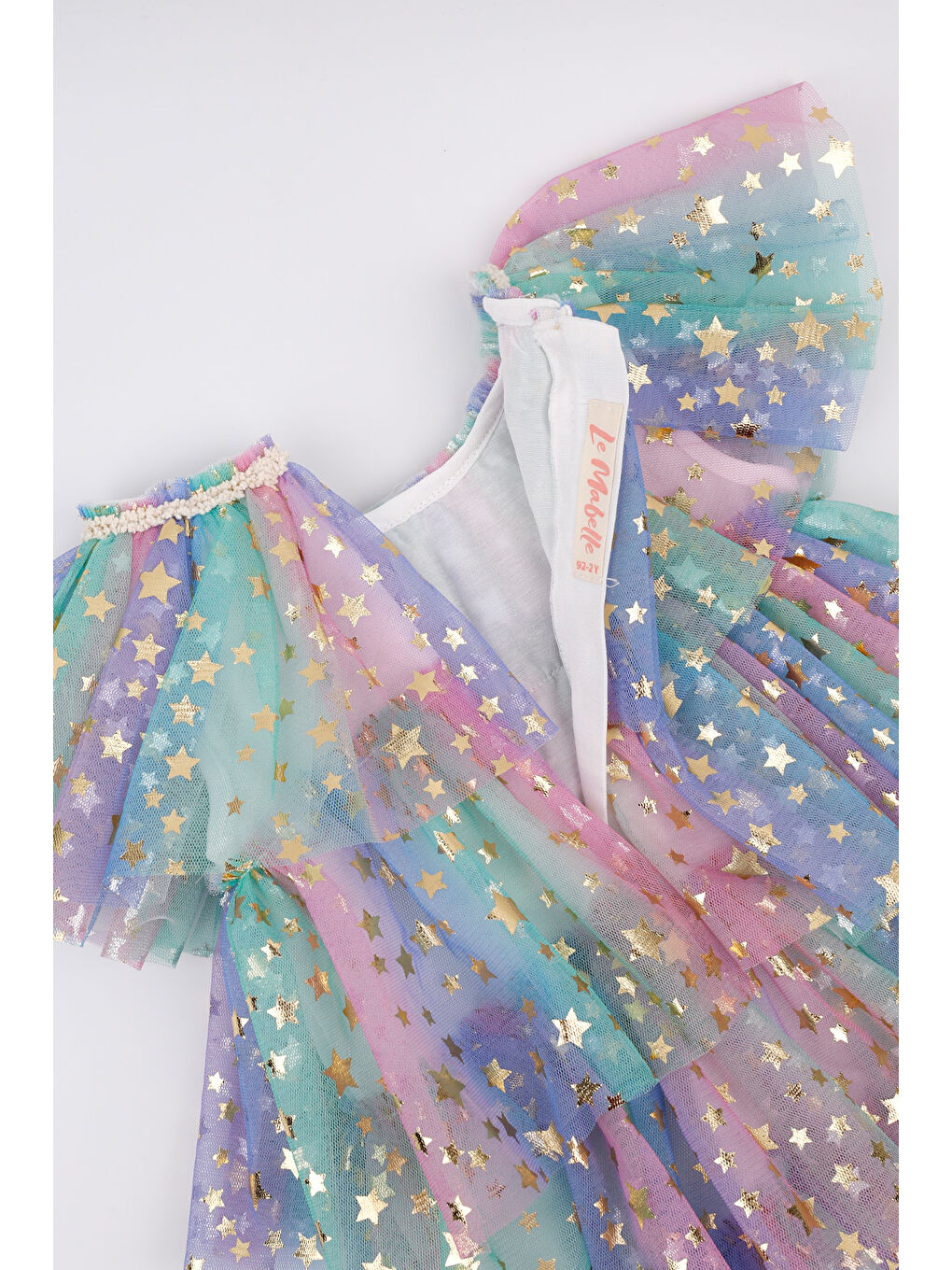 Karışık Çok Renkli Yıldız Baskılı Katlı Tül Kız Çocuk Elbise - Estela-6