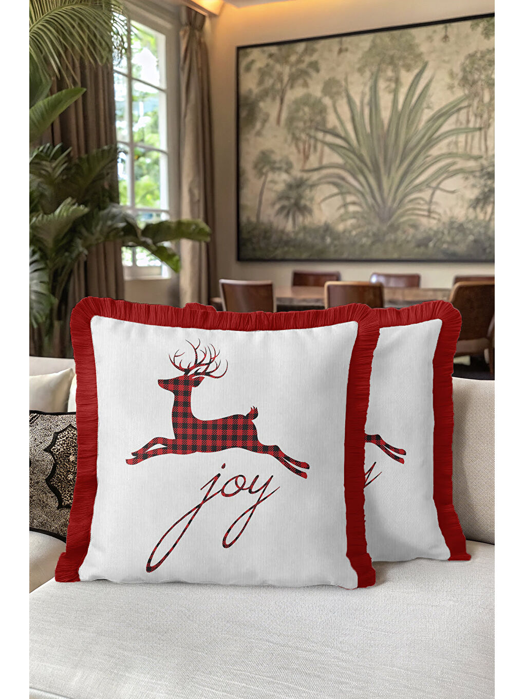 Karışık Ekose Geyikli Saçaklı Yastık Kılıfı - Kış Nostaljik Kırmızı Beyaz Püsküllü Kırlent Kılıfı-5
