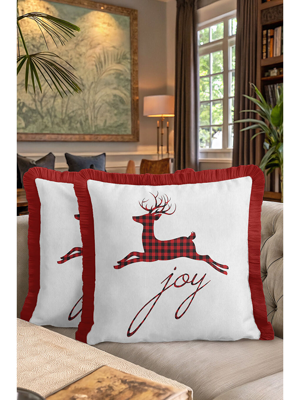 Karışık Ekose Geyikli Saçaklı Yastık Kılıfı - Kış Nostaljik Kırmızı Beyaz Püsküllü Kırlent Kılıfı-7