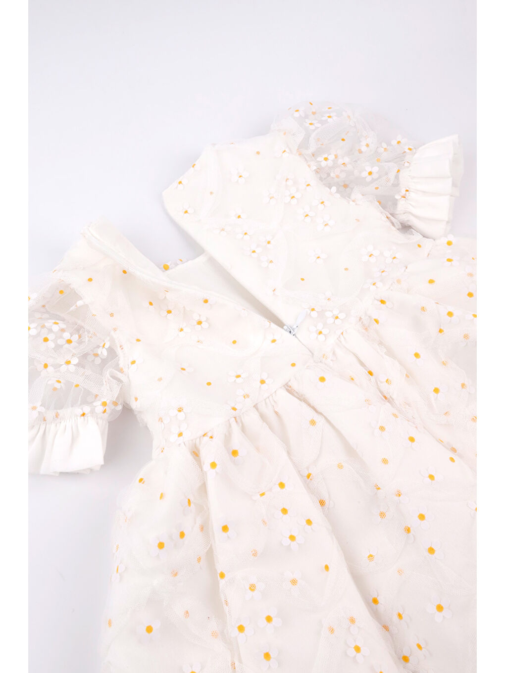 Beyaz Kısa Kollu Papatya Tüllü Kız Çocuk Elbise - Hillary-4