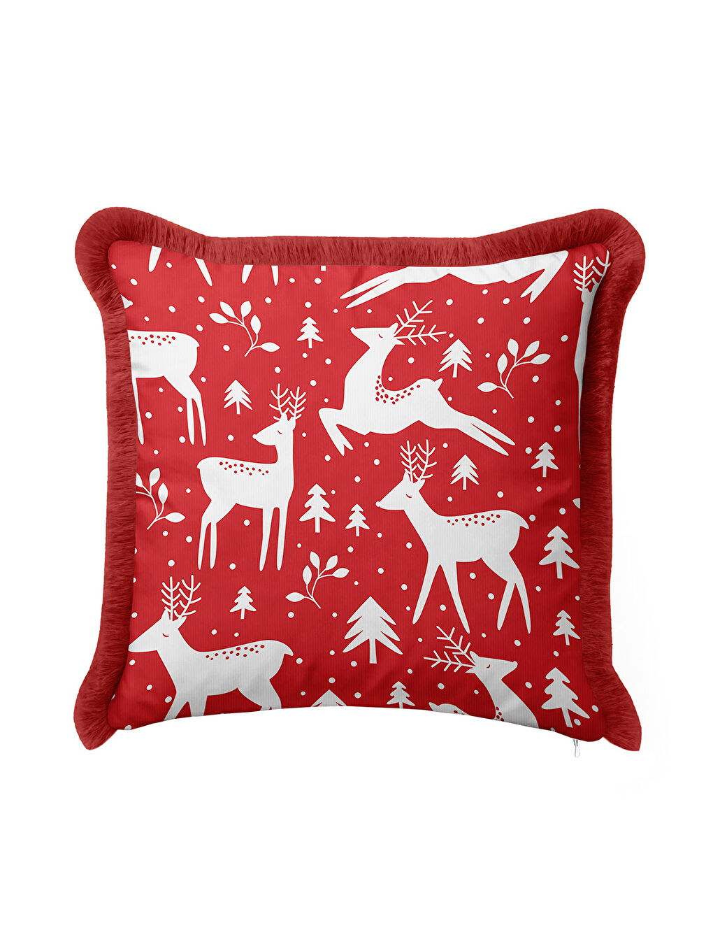 Karışık Kış Temalı Ren Geyiği Saçaklı Yastık Kılıfı - Yeni Yıl Rustik Kırmızı Beyaz Püsküllü Kırlent Kılıfı