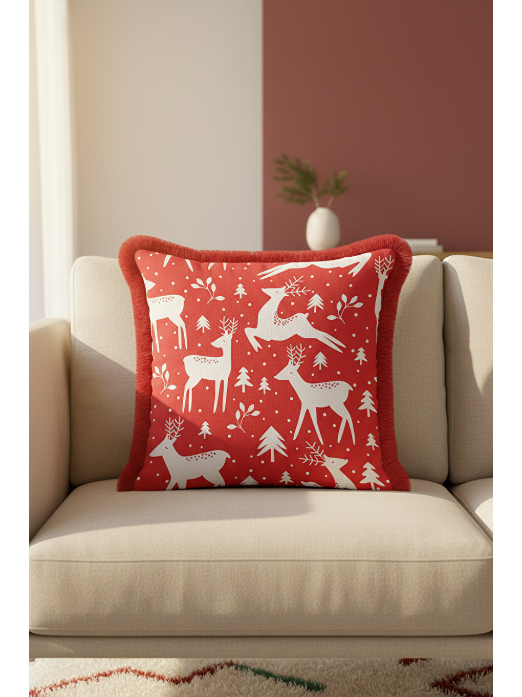 Karışık Kış Temalı Ren Geyiği Saçaklı Yastık Kılıfı - Yeni Yıl Rustik Kırmızı Beyaz Püsküllü Kırlent Kılıfı-1