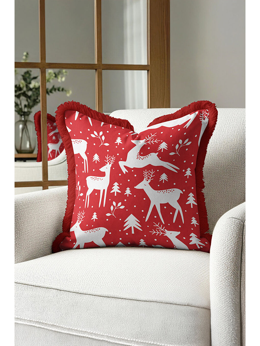 Karışık Kış Temalı Ren Geyiği Saçaklı Yastık Kılıfı - Yeni Yıl Rustik Kırmızı Beyaz Püsküllü Kırlent Kılıfı-2
