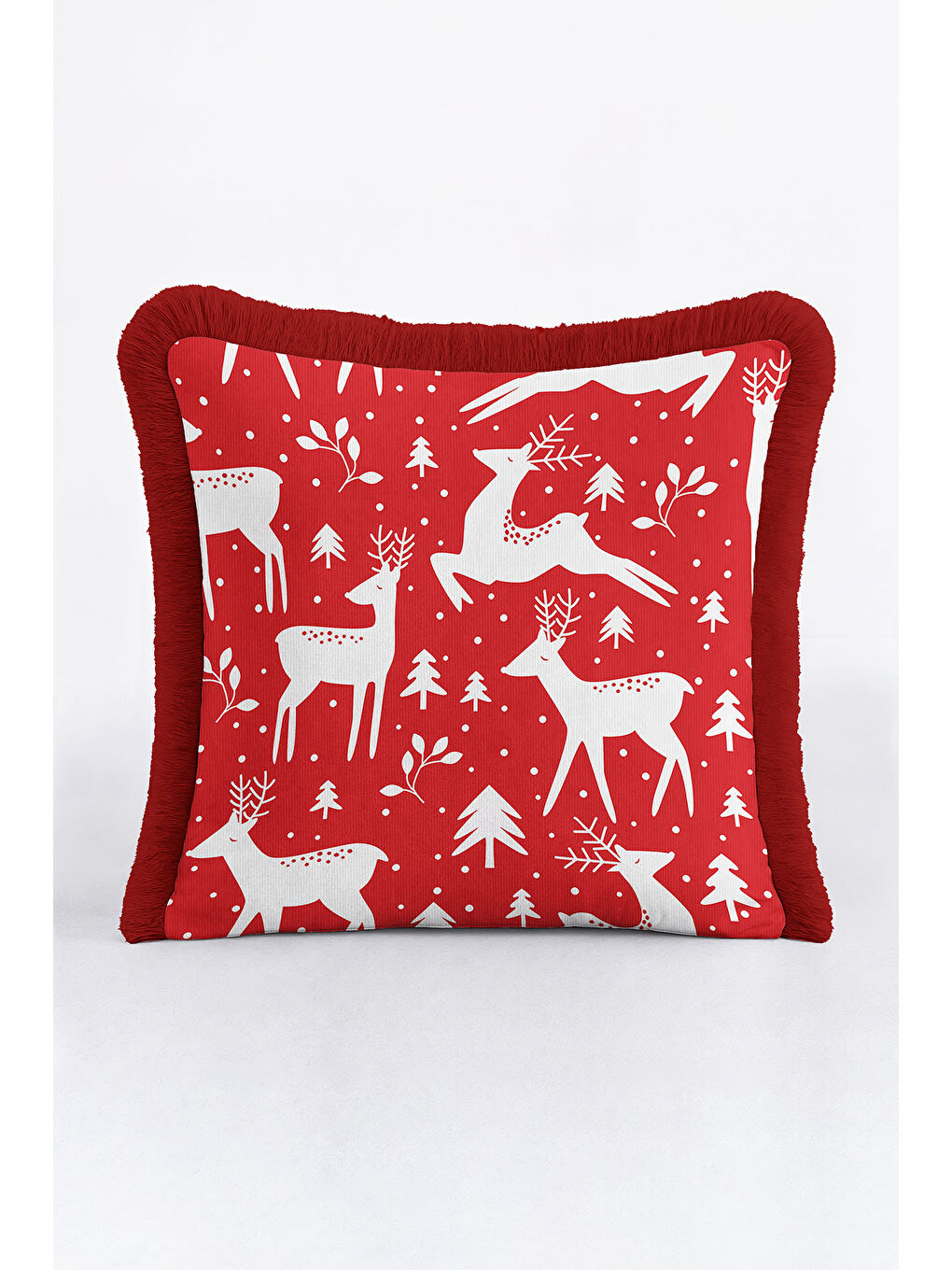 Karışık Kış Temalı Ren Geyiği Saçaklı Yastık Kılıfı - Yeni Yıl Rustik Kırmızı Beyaz Püsküllü Kırlent Kılıfı-4