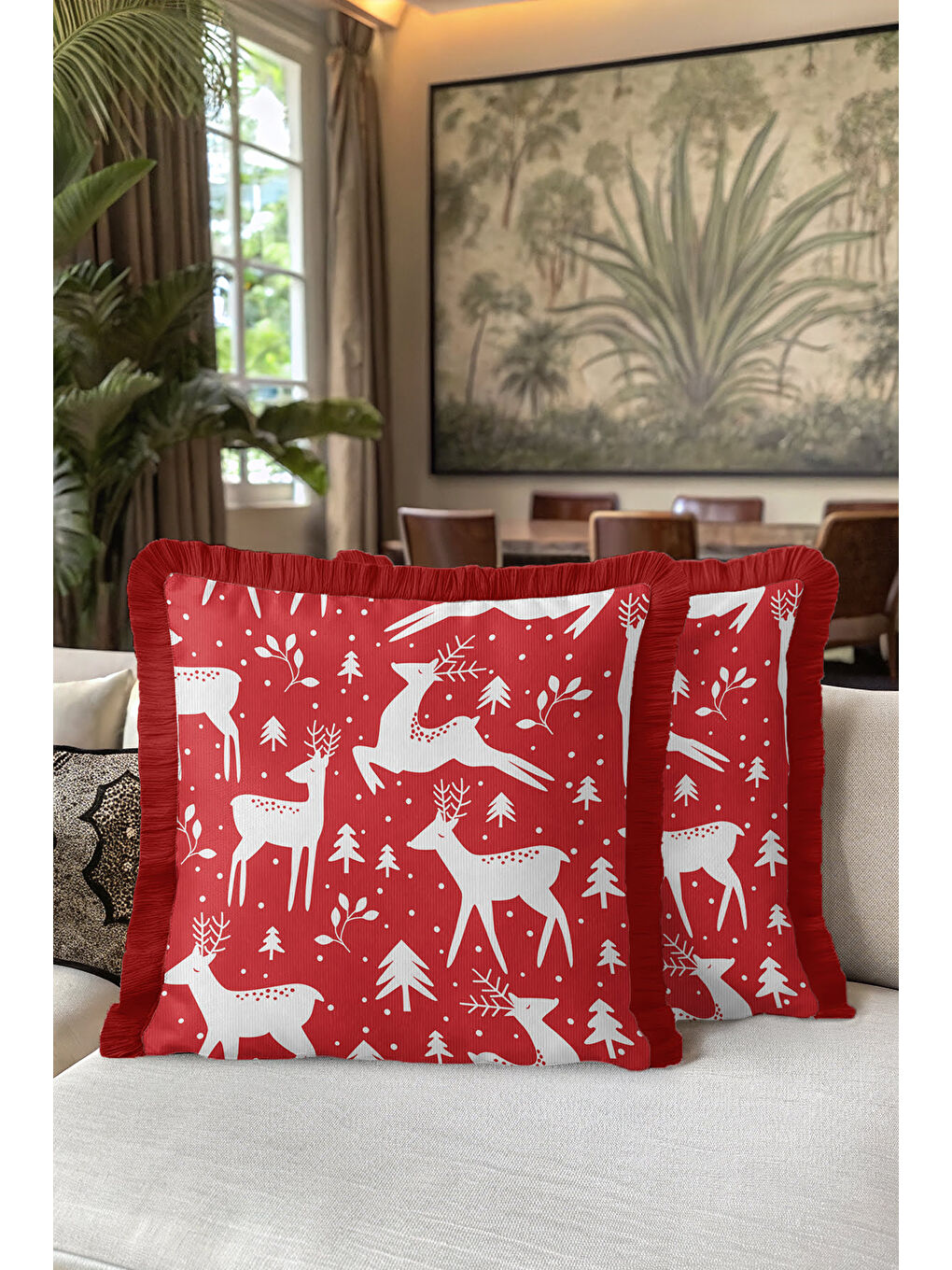 Karışık Kış Temalı Ren Geyiği Saçaklı Yastık Kılıfı - Yeni Yıl Rustik Kırmızı Beyaz Püsküllü Kırlent Kılıfı-5
