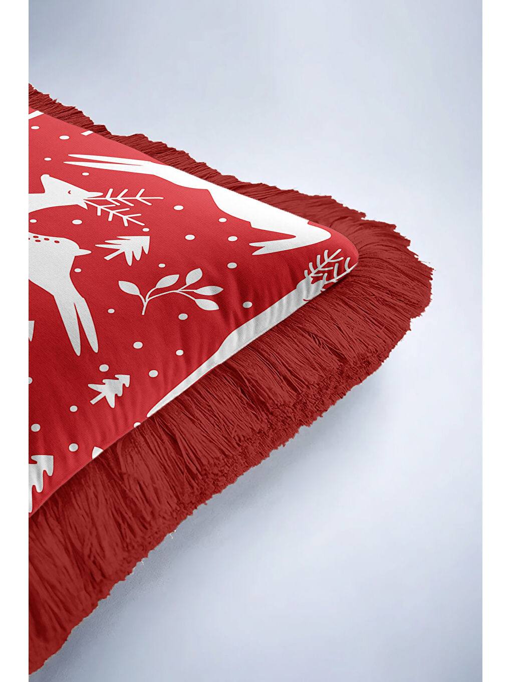 Karışık Kış Temalı Ren Geyiği Saçaklı Yastık Kılıfı - Yeni Yıl Rustik Kırmızı Beyaz Püsküllü Kırlent Kılıfı-6