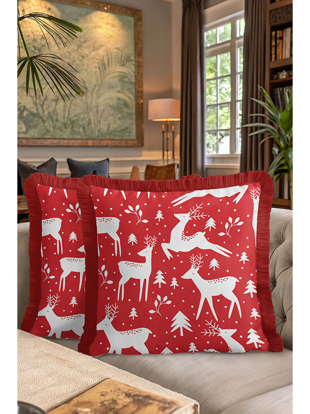 Karışık Kış Temalı Ren Geyiği Saçaklı Yastık Kılıfı - Yeni Yıl Rustik Kırmızı Beyaz Püsküllü Kırlent Kılıfı-7