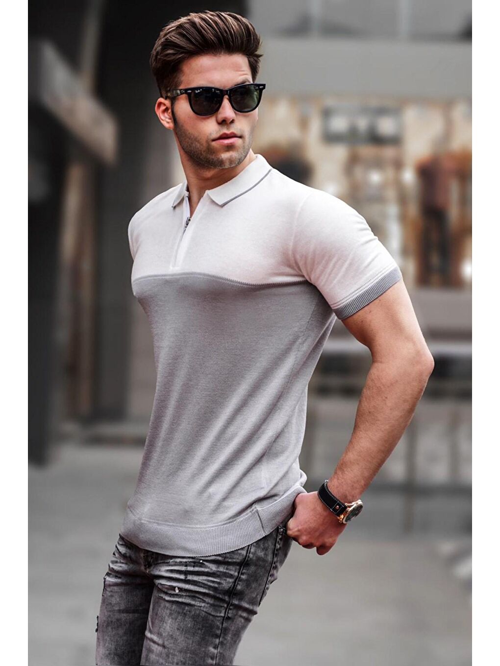 Koyu Gri Fermuarlı Polo Yaka Triko Erkek Tişört 5731