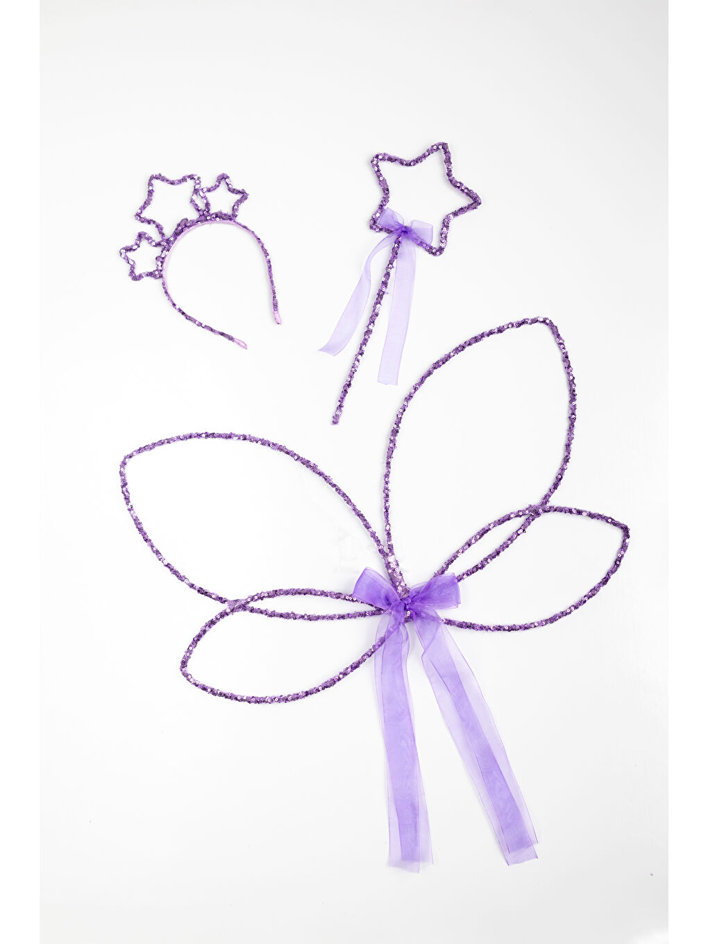 Lila Simli Kelebek Kanat Asa Taç 3'lü Set