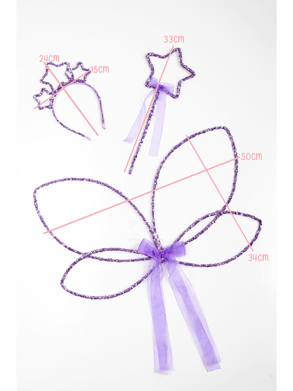 Lila Simli Kelebek Kanat Asa Taç 3'lü Set-1