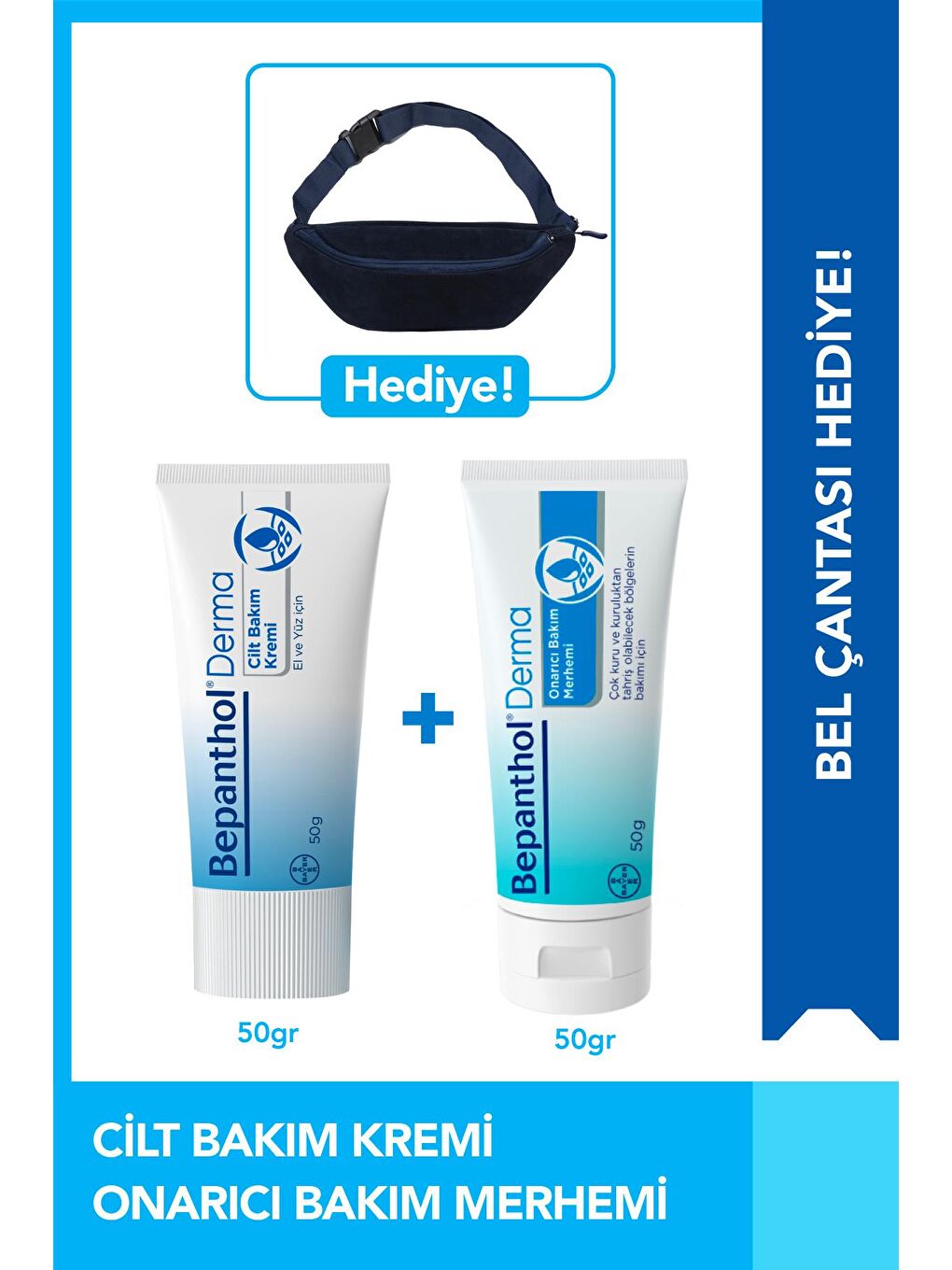 Bepanthol Derma Cilt Bakım Kremi 50g + Onarıcı Bakım Merhemi 50g + Bel Çantası Hediye