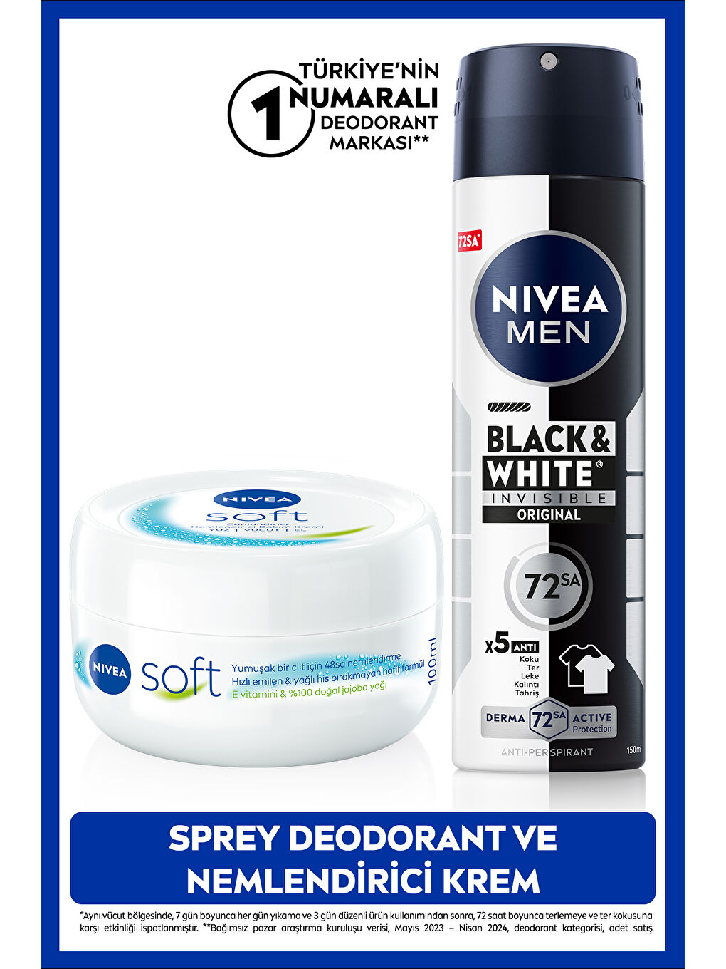 NIVEA Men Erkek Sprey Deodorant Black&white Invisible Original Ve Soft Nemlendirici Vücut Bakım Krem