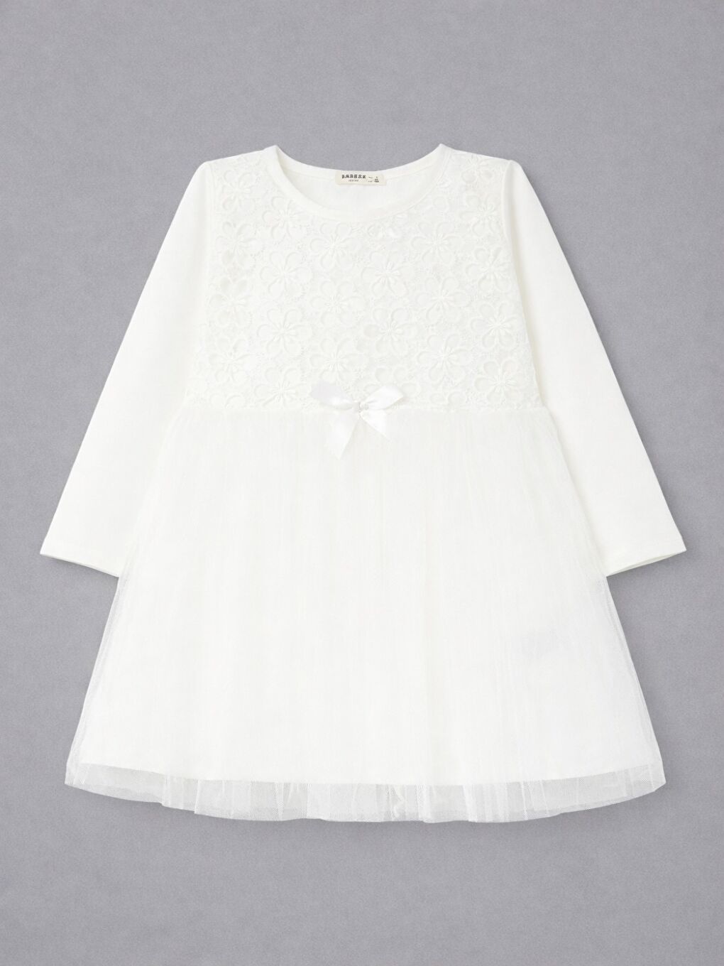 Kız Çocuk Uzun Kollu Elbise Çiçek Güpür Nakışlı Beyaz (4 Yaş)