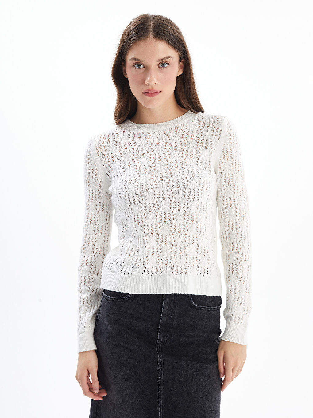 Nelson   Ajur Desenli Bisiklet Yaka Rahat Kalıp Kazak   Beyaz Renk