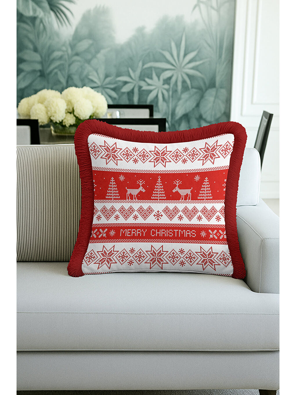 Karışık Yılbaşı Motifli Saçaklı Yastık Kılıfı - Kış Temalı İskandinav Kırmızı Beyaz Püsküllü Kırlent Kılıfı-1