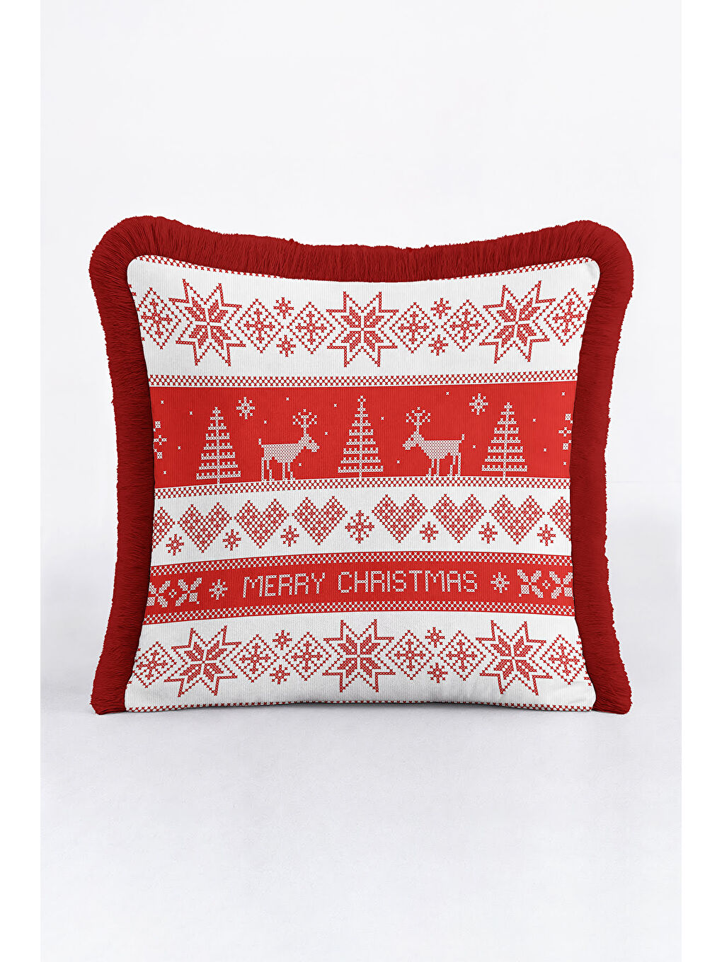 Karışık Yılbaşı Motifli Saçaklı Yastık Kılıfı - Kış Temalı İskandinav Kırmızı Beyaz Püsküllü Kırlent Kılıfı-2