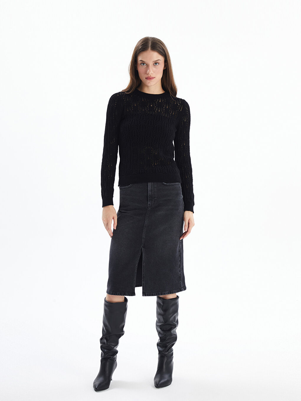 Nelson   Ajur Desenli Bisiklet Yaka Rahat Kalıp Kazak   Siyah Renk-1