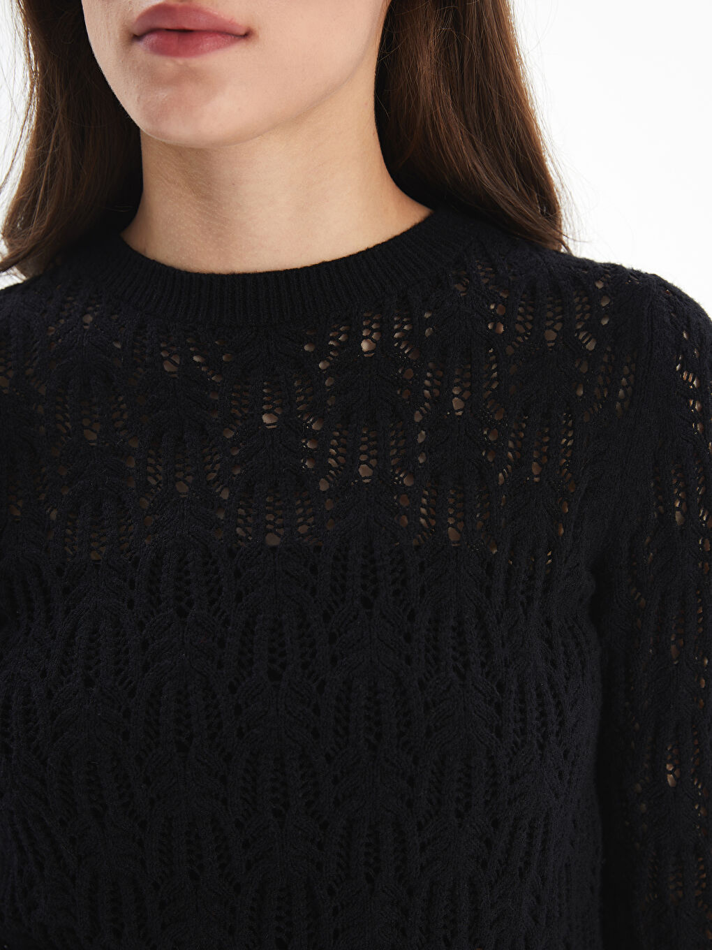 Nelson   Ajur Desenli Bisiklet Yaka Rahat Kalıp Kazak   Siyah Renk-2