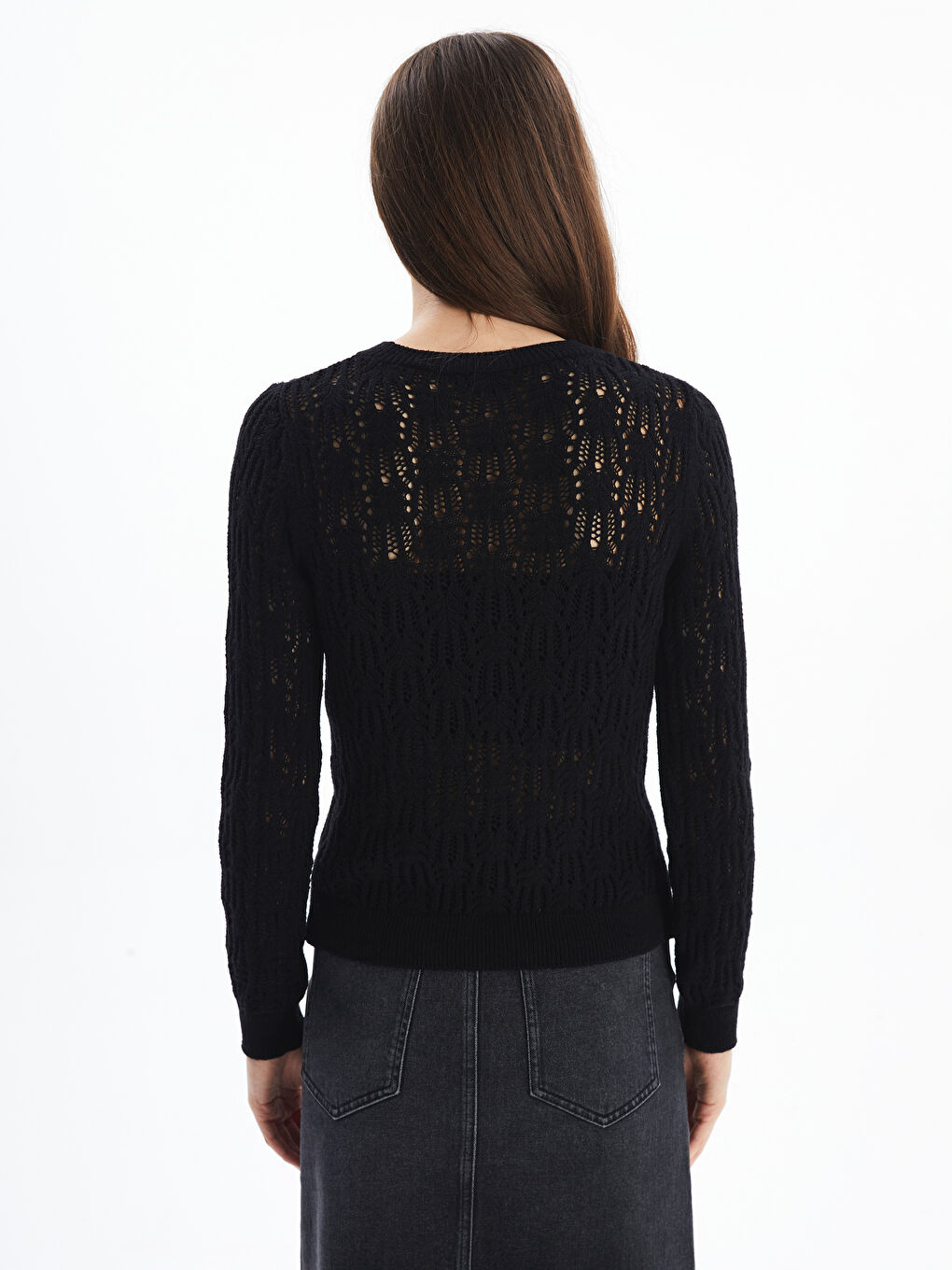 Nelson   Ajur Desenli Bisiklet Yaka Rahat Kalıp Kazak   Siyah Renk-3