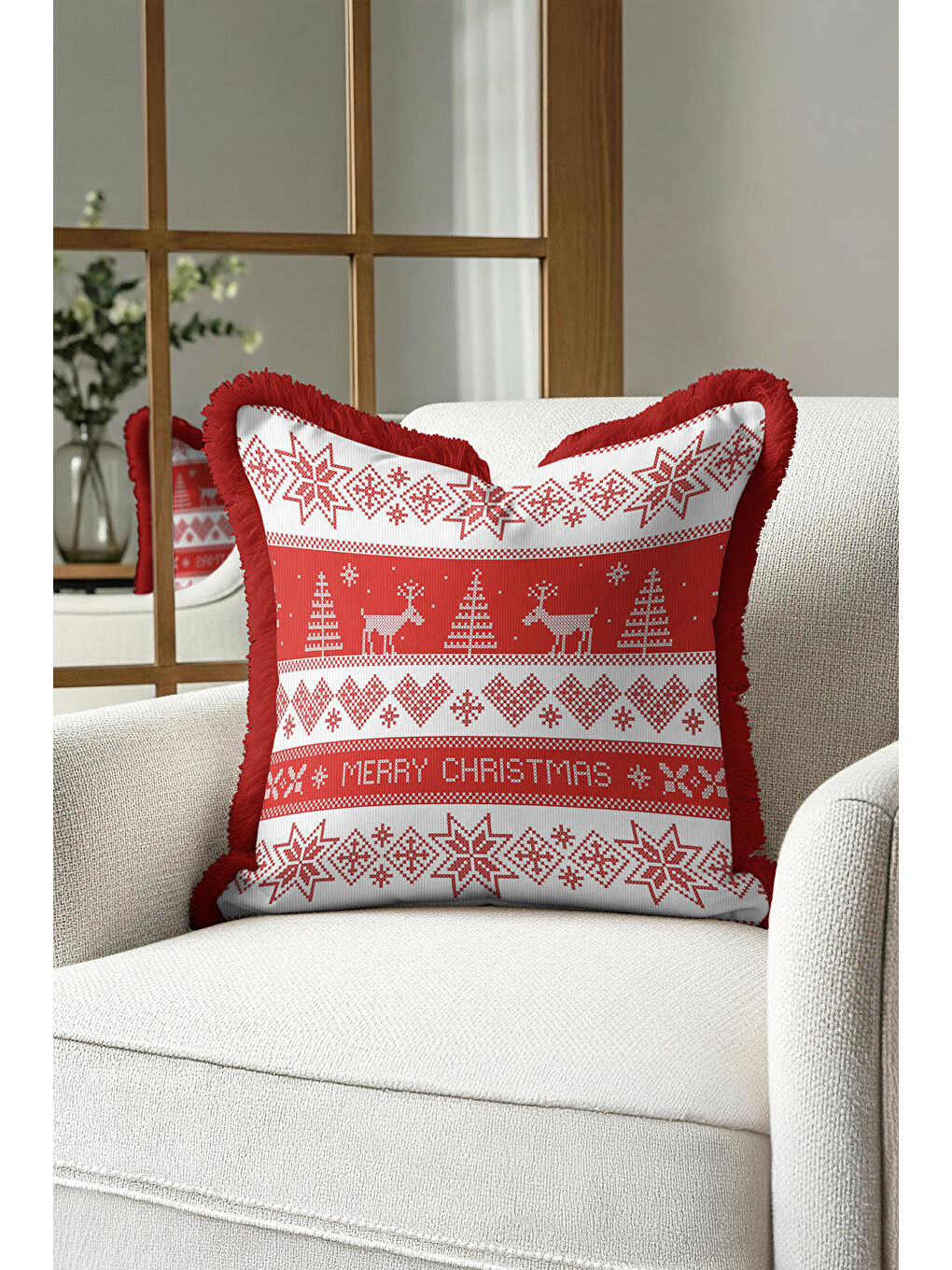 Karışık Yılbaşı Motifli Saçaklı Yastık Kılıfı - Kış Temalı İskandinav Kırmızı Beyaz Püsküllü Kırlent Kılıfı-3
