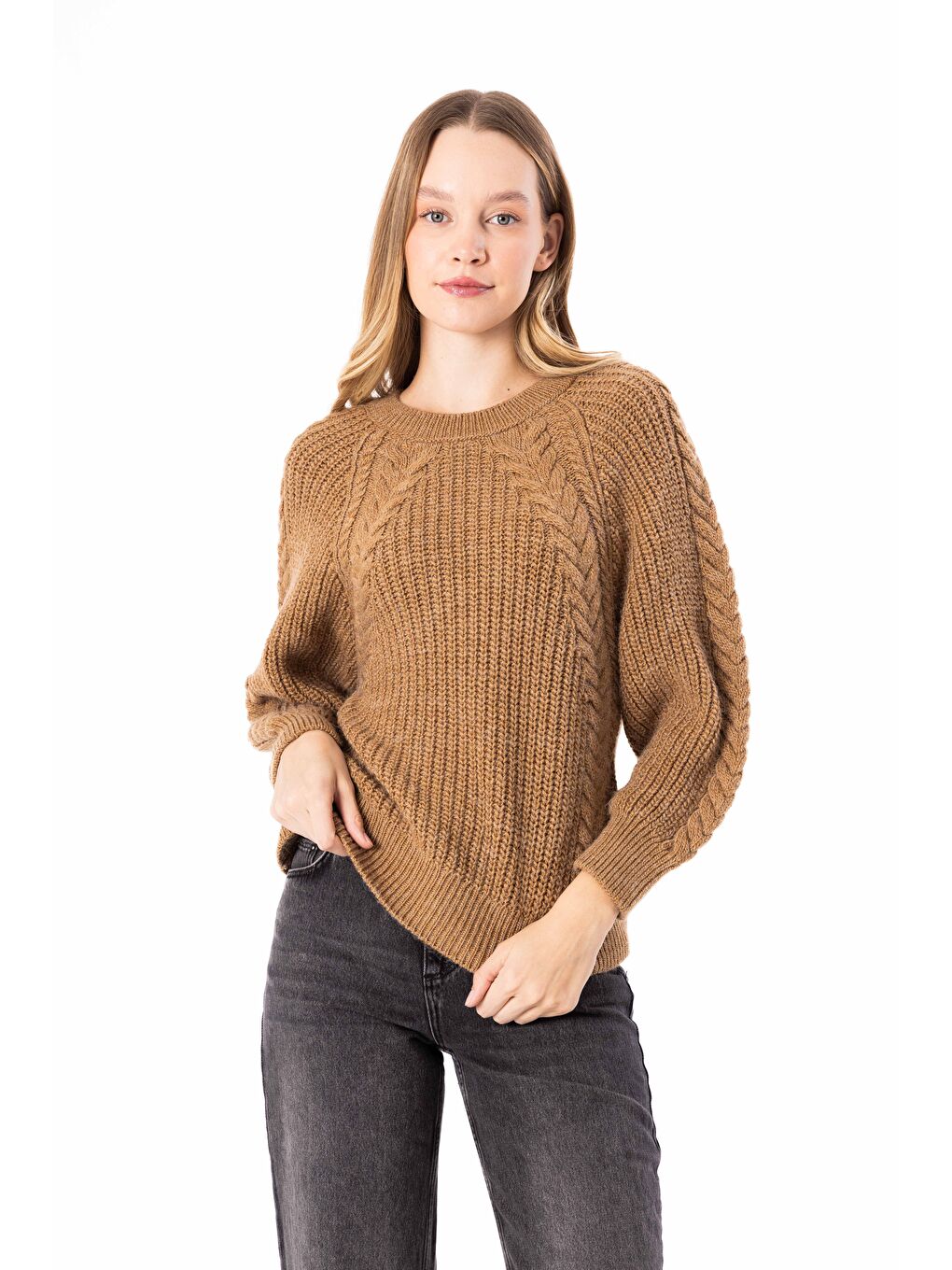 Kahverengi Milot - Düz Bisiklet Yaka Triko Kazak - Camel Renk