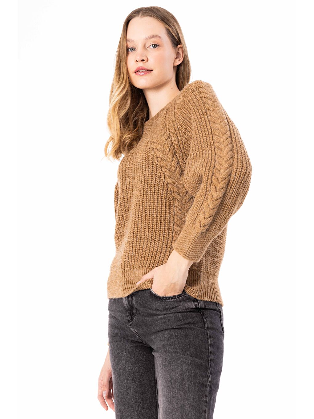 Kahverengi Milot - Düz Bisiklet Yaka Triko Kazak - Camel Renk-2