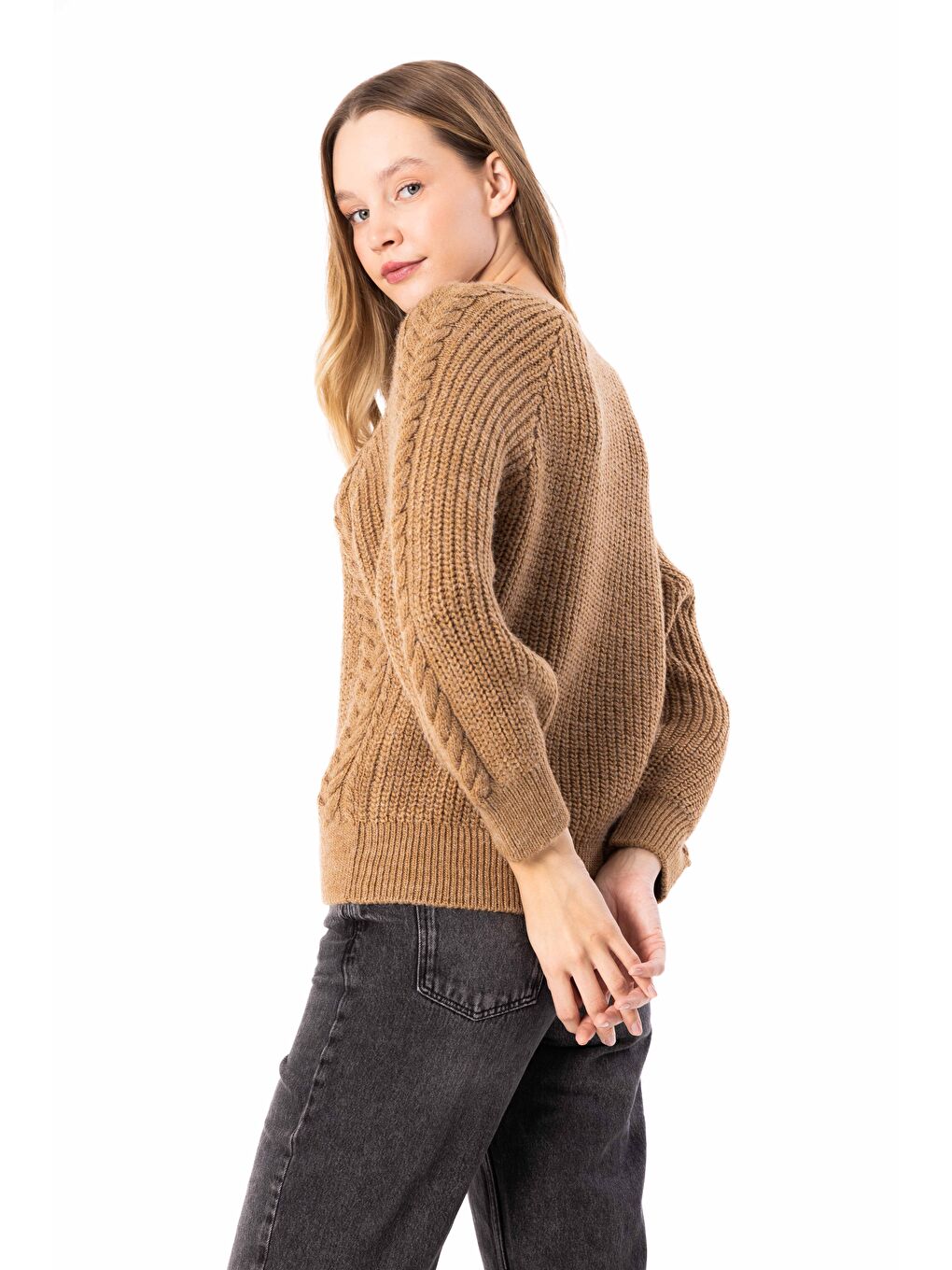 Kahverengi Milot - Düz Bisiklet Yaka Triko Kazak - Camel Renk-4