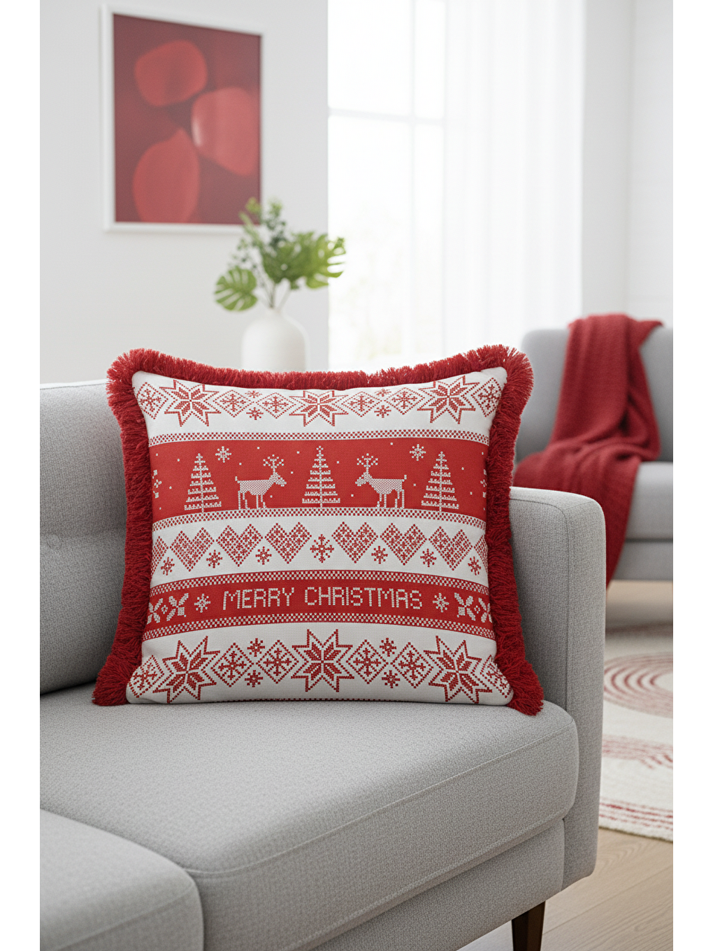 Karışık Yılbaşı Motifli Saçaklı Yastık Kılıfı - Kış Temalı İskandinav Kırmızı Beyaz Püsküllü Kırlent Kılıfı-4