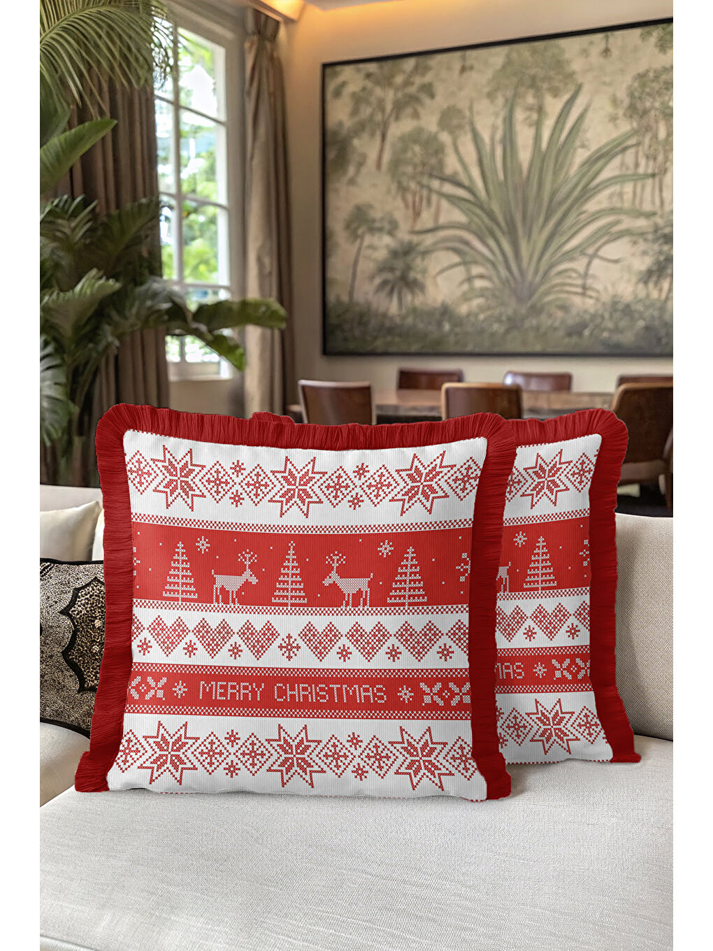 Karışık Yılbaşı Motifli Saçaklı Yastık Kılıfı - Kış Temalı İskandinav Kırmızı Beyaz Püsküllü Kırlent Kılıfı-5
