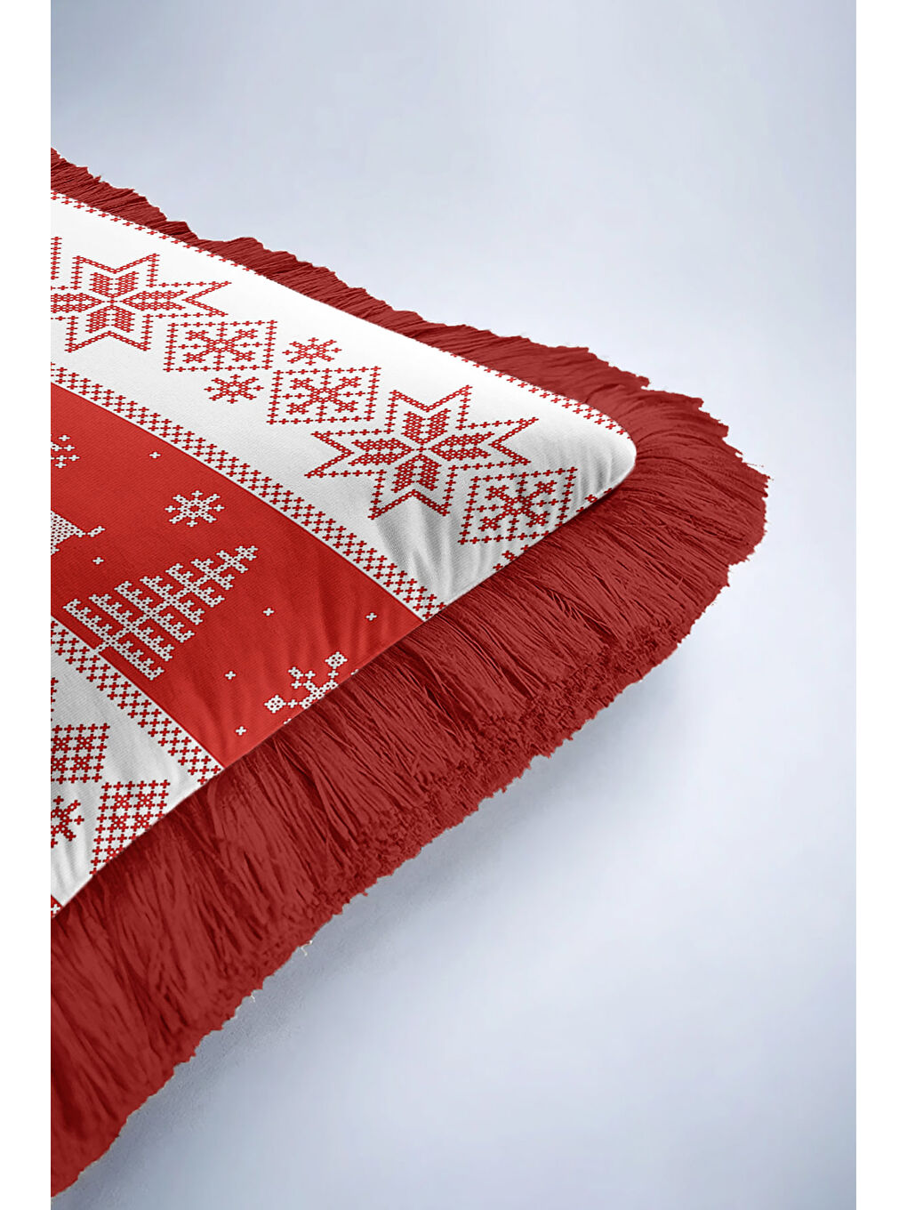 Karışık Yılbaşı Motifli Saçaklı Yastık Kılıfı - Kış Temalı İskandinav Kırmızı Beyaz Püsküllü Kırlent Kılıfı-6