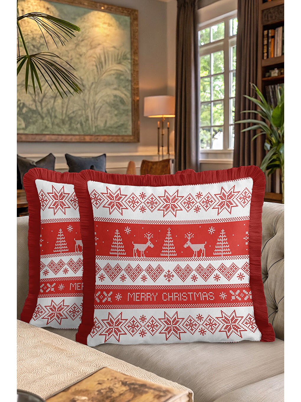Karışık Yılbaşı Motifli Saçaklı Yastık Kılıfı - Kış Temalı İskandinav Kırmızı Beyaz Püsküllü Kırlent Kılıfı-7
