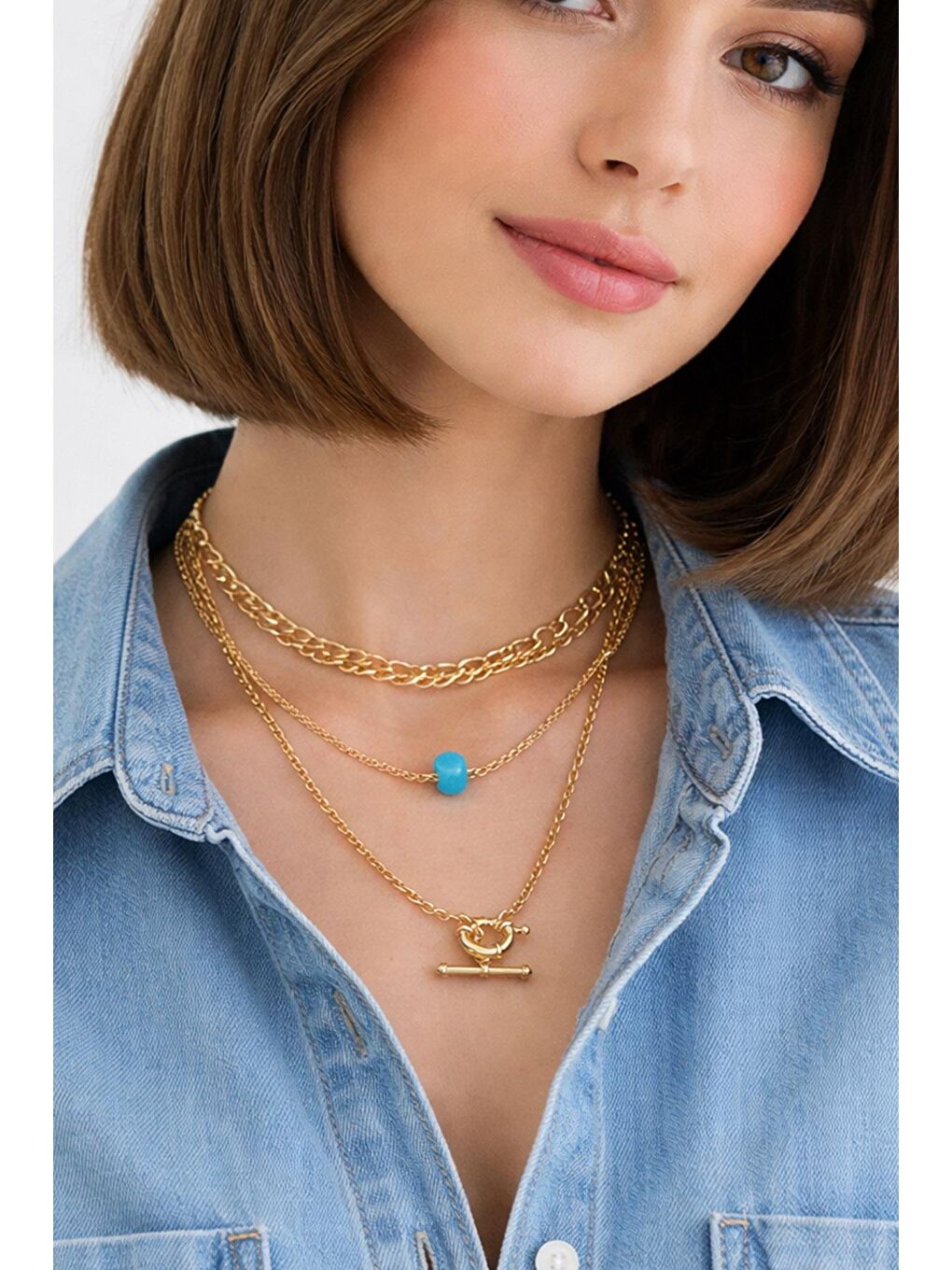 Sarı Mavi Nazar Boncuklu Dümen Uçlu Altın Rengi 3 Görünümlü Kadın Kolye-3