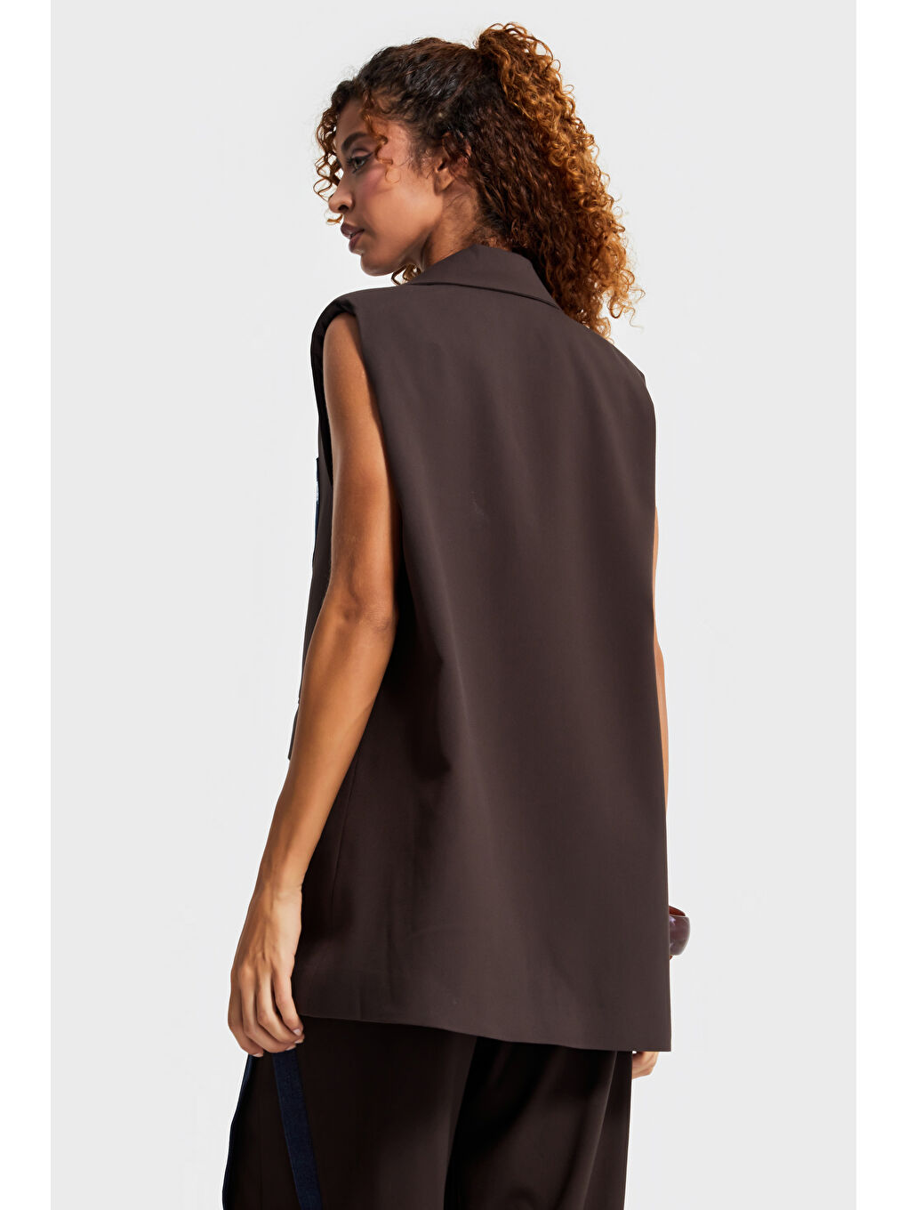 Kadın Kahverengi Denim Parçalı Uzun Boy Özel Tasarım İçi Astarlı Yelek-3