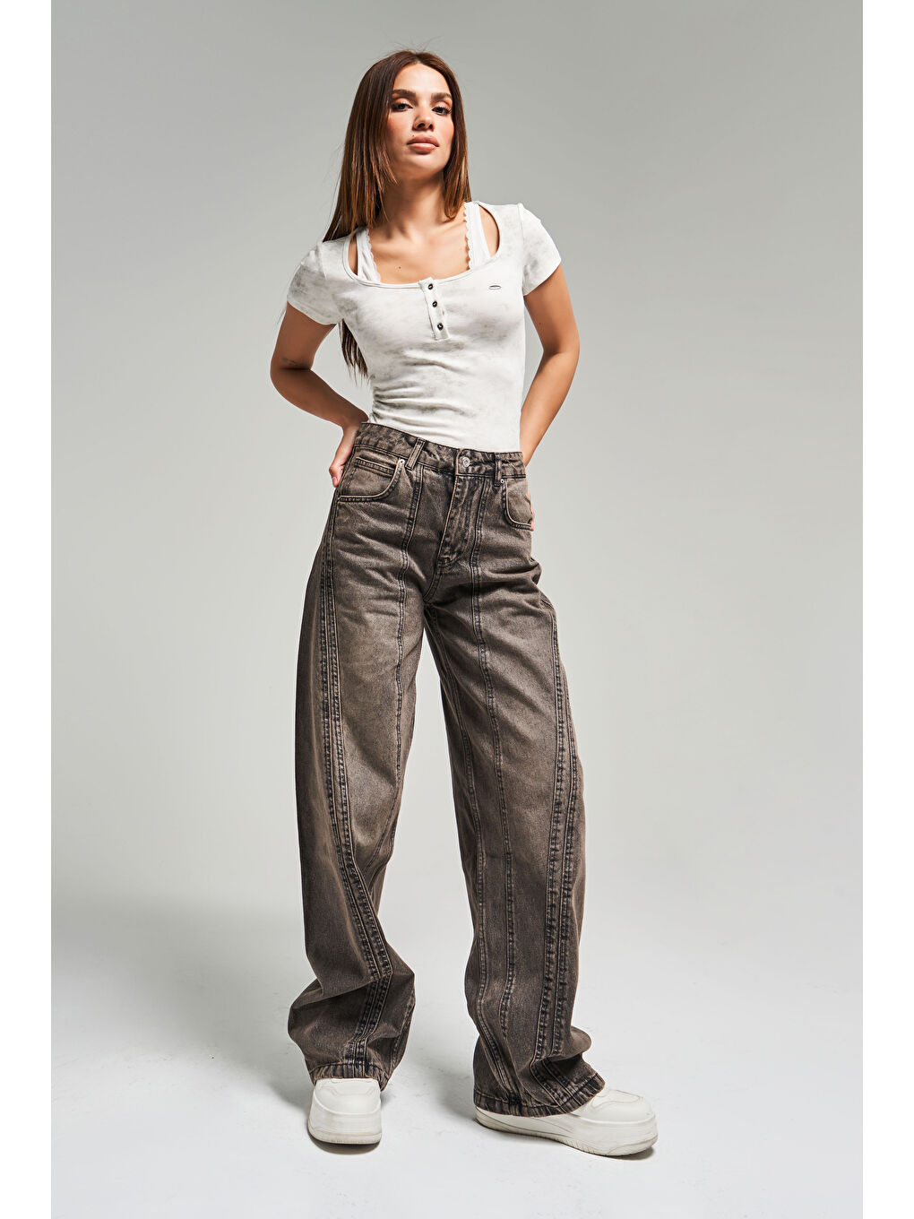 Kahverengi Kadın Kahve Renk 2w470 Bol Kesim Tasarım Denim-1