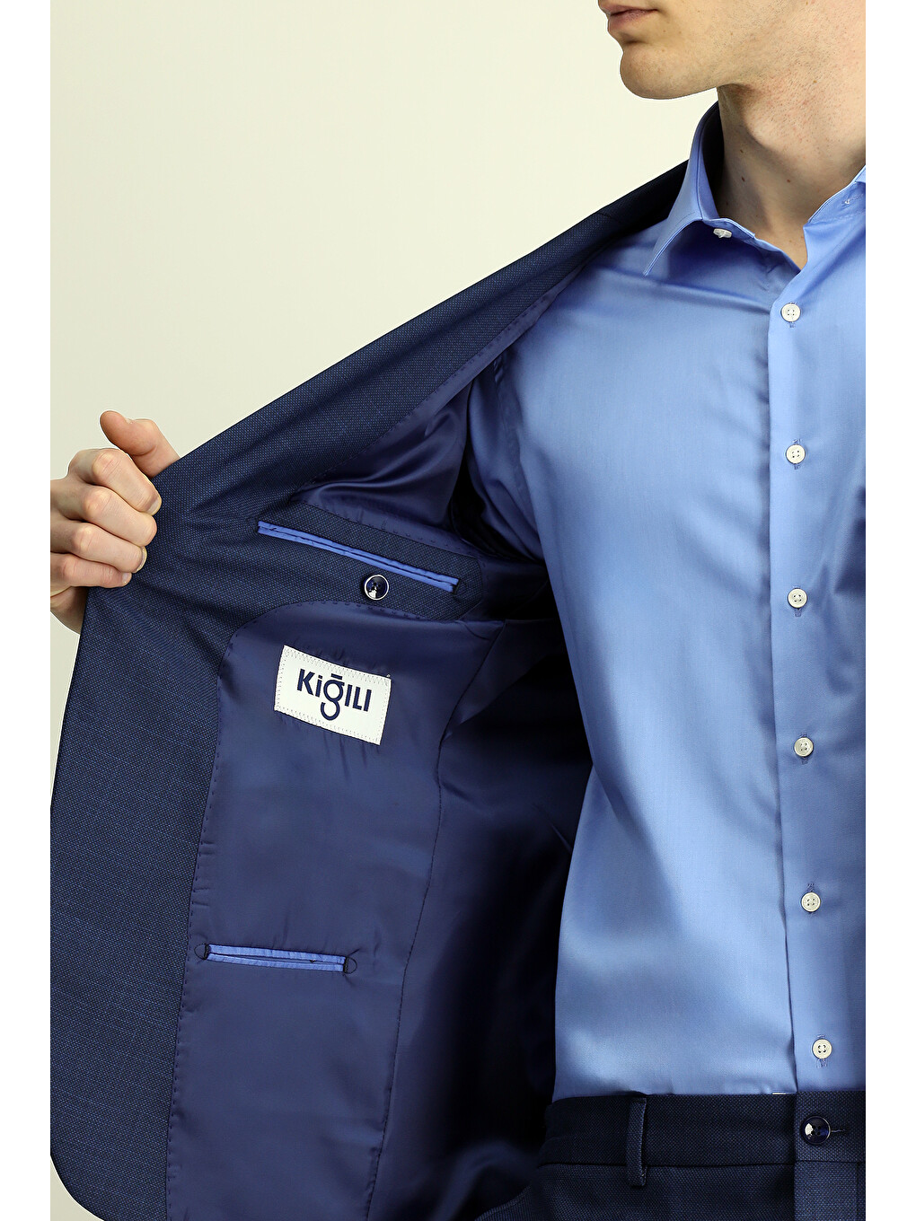 Lacivert 7 Drop Slim Fit Dar Kesim Desenli Beli Lastikli Takım Elbise-5