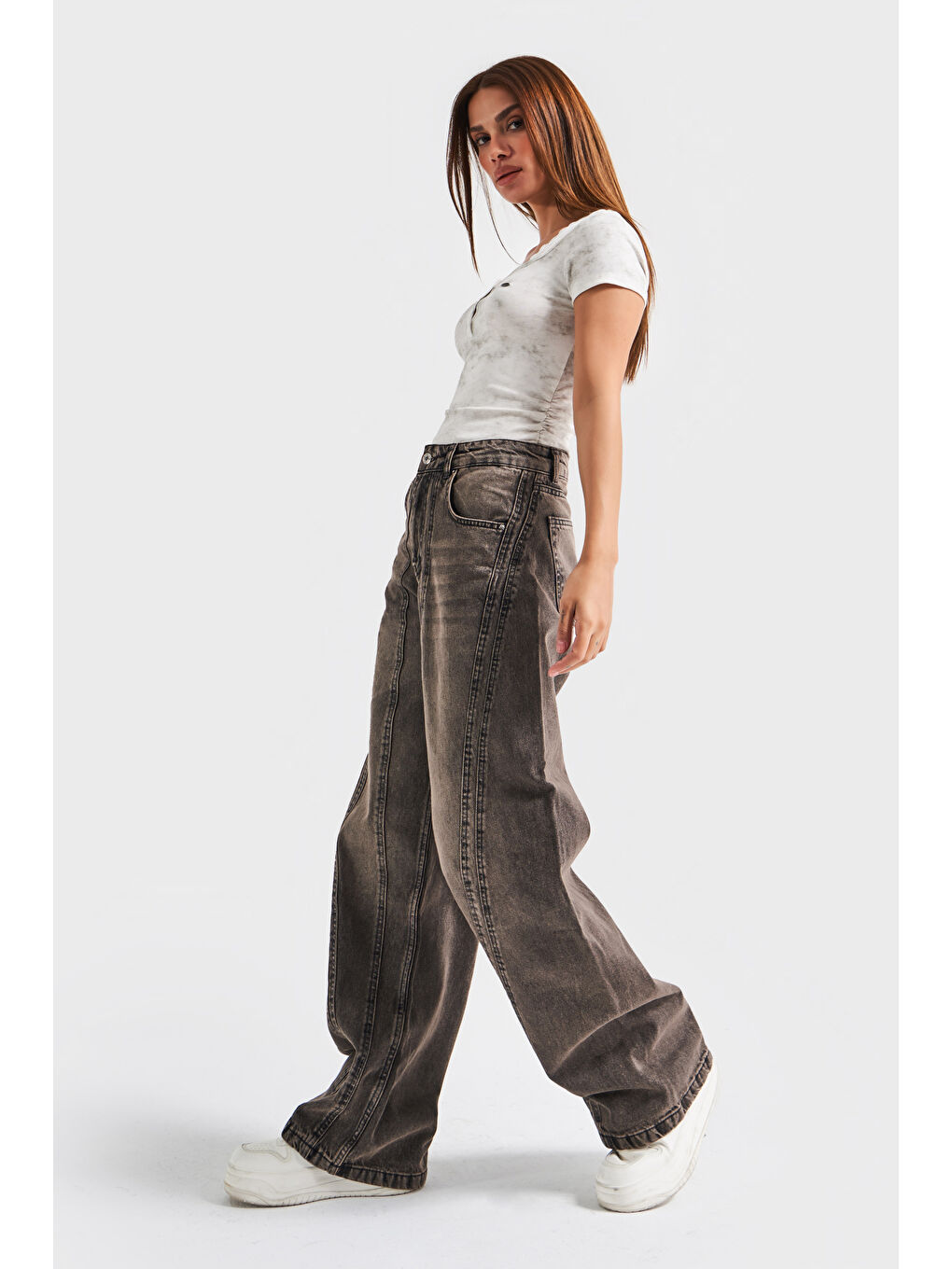 Kahverengi Kadın Kahve Renk 2w470 Bol Kesim Tasarım Denim-4