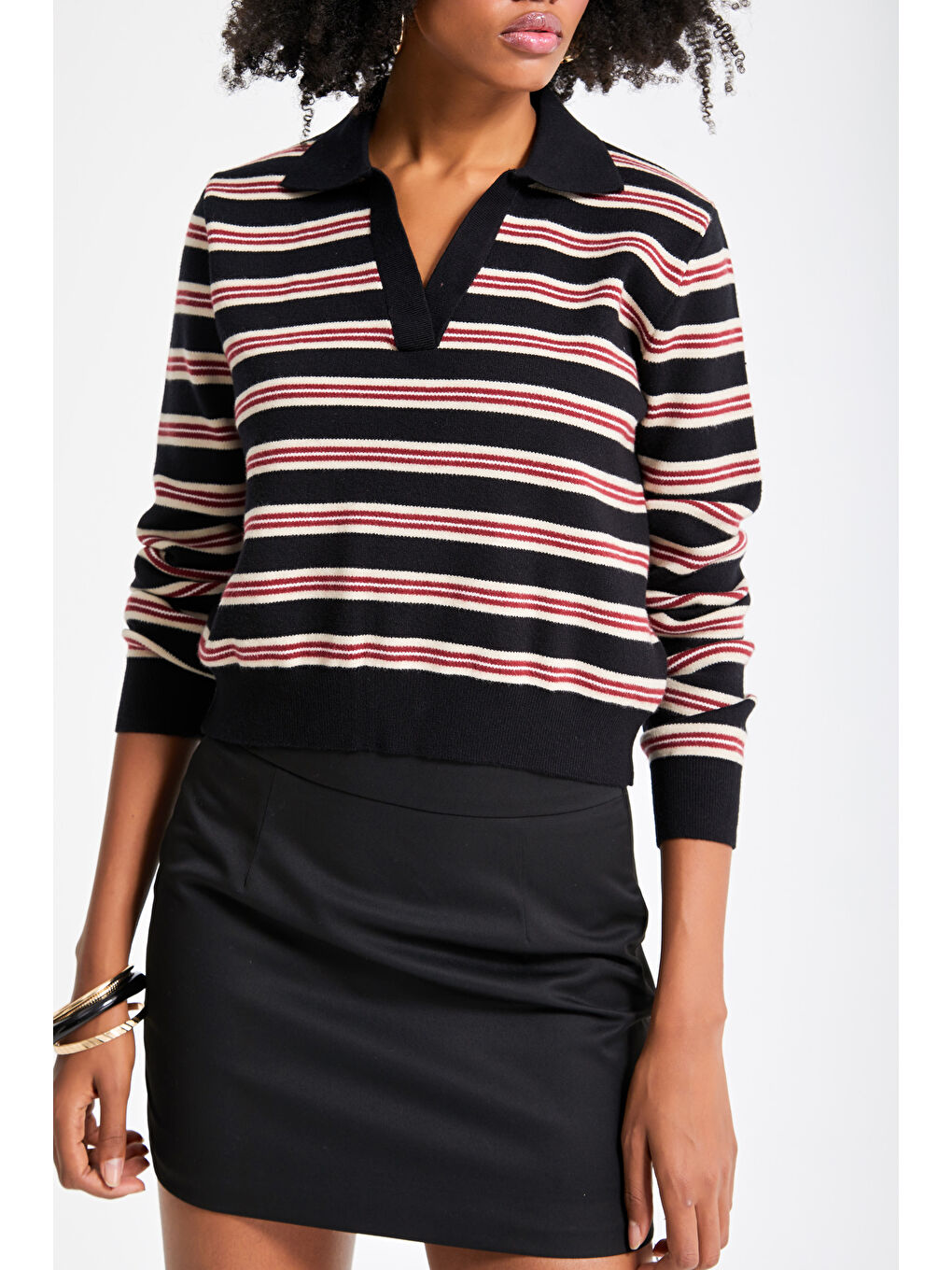 Kadın Siyah Kırmızı Renk w5-1 Polo Yaka Çizgili Rahat Kesim Örme Triko Swetshirt-1