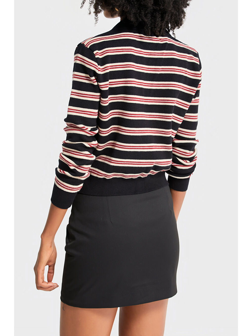 Kadın Siyah Kırmızı Renk w5-1 Polo Yaka Çizgili Rahat Kesim Örme Triko Swetshirt-2