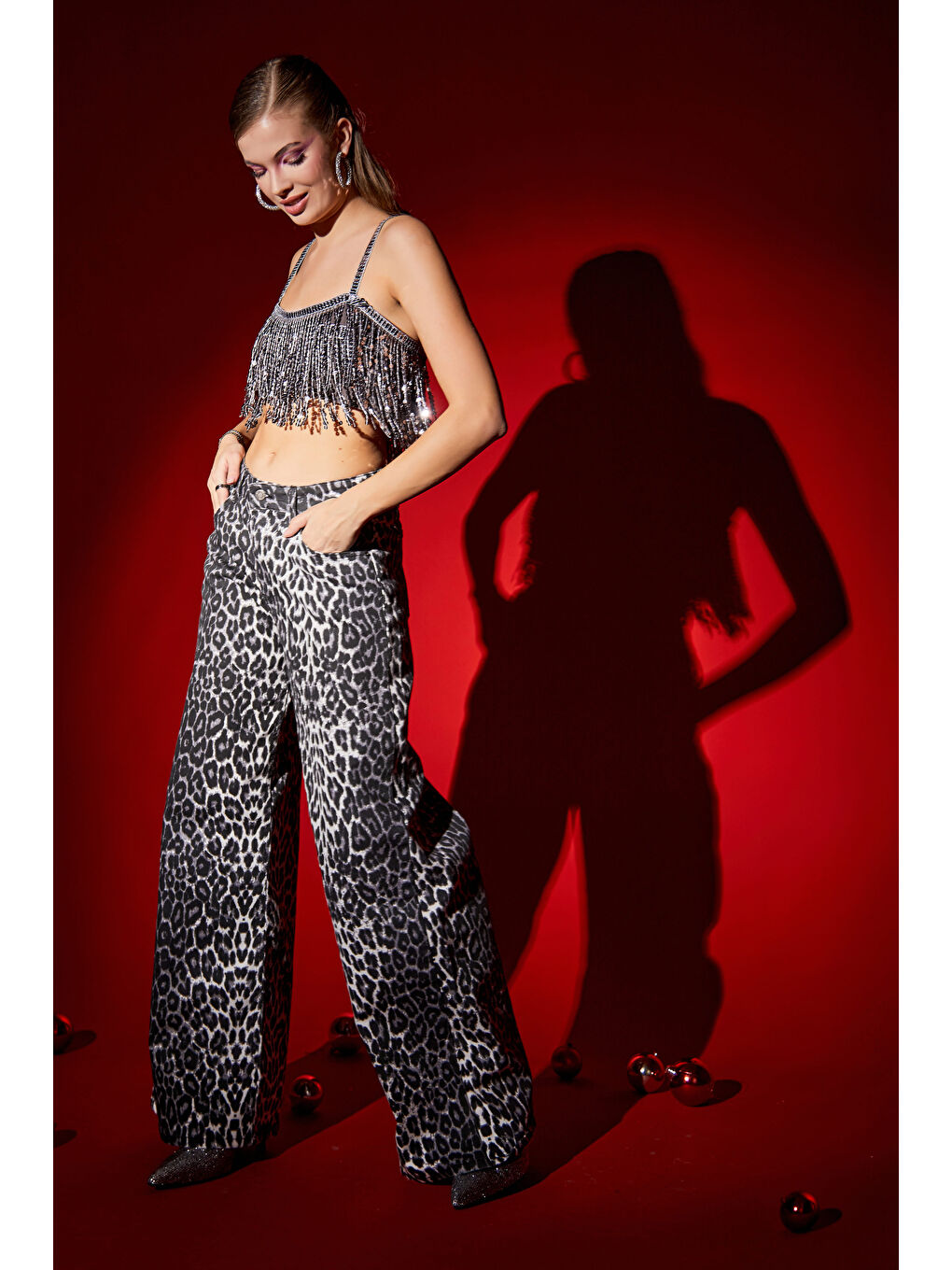 Kadın Siyah Beyaz Leopar Renk w426 Denim Kumaş Palazzo Fit Orta Bel Denim-2