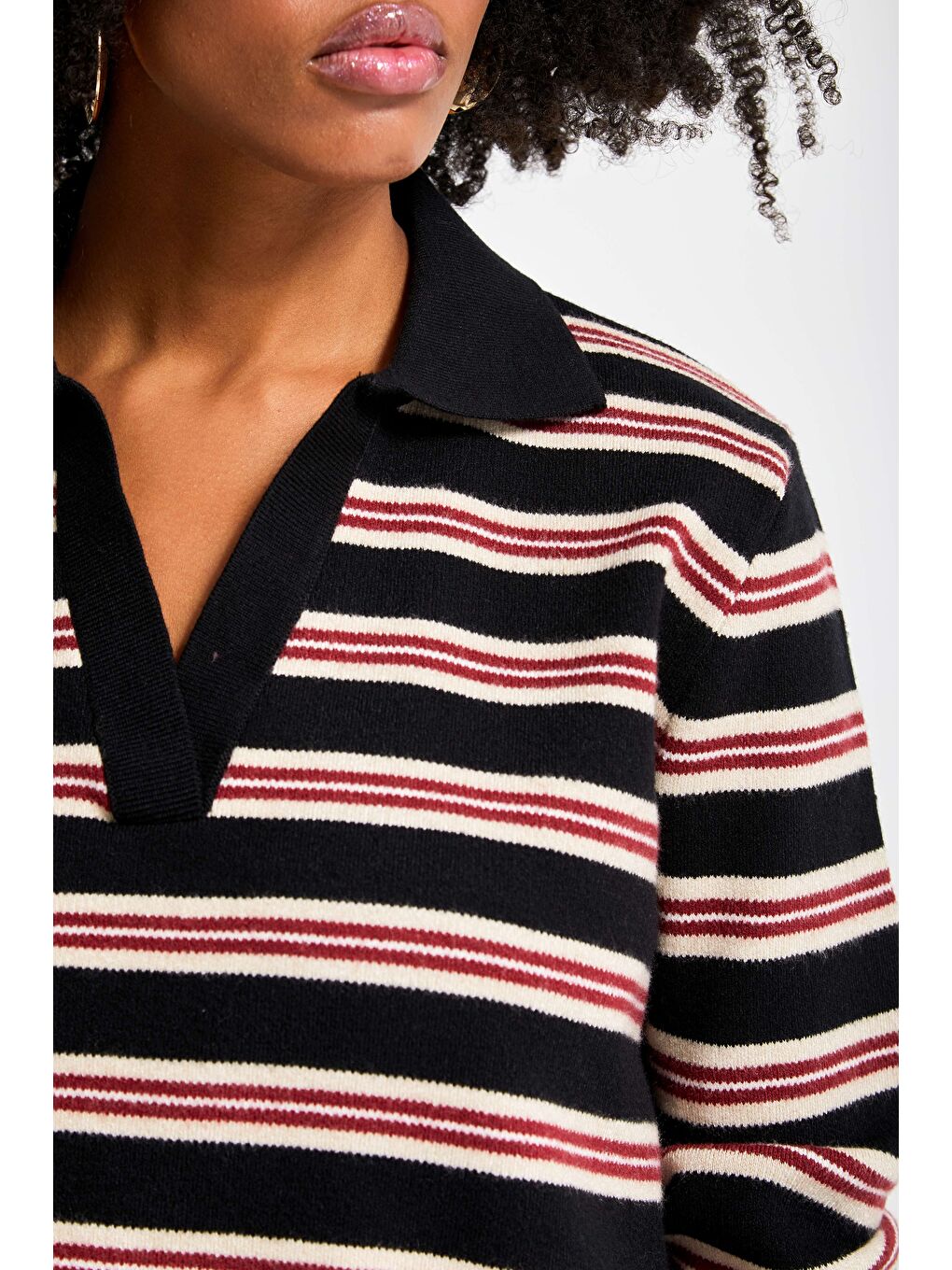Kadın Siyah Kırmızı Renk w5-1 Polo Yaka Çizgili Rahat Kesim Örme Triko Swetshirt-3