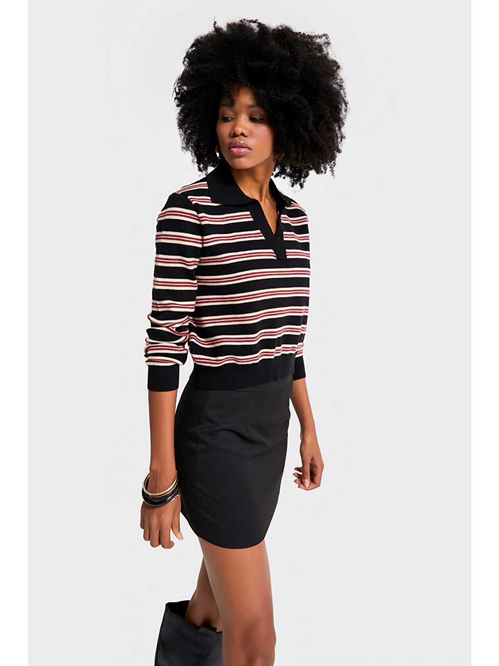 Kadın Siyah Kırmızı Renk w5-1 Polo Yaka Çizgili Rahat Kesim Örme Triko Swetshirt-4